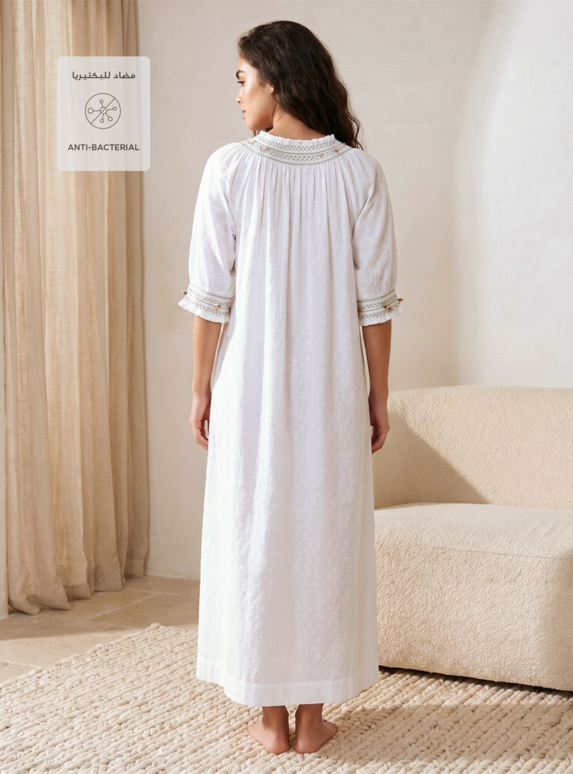 Maxi Length Night Dress 3/4 Sleeves Dobby Embroidered Cotton-women-clothing-nightwear-nighties-image-3