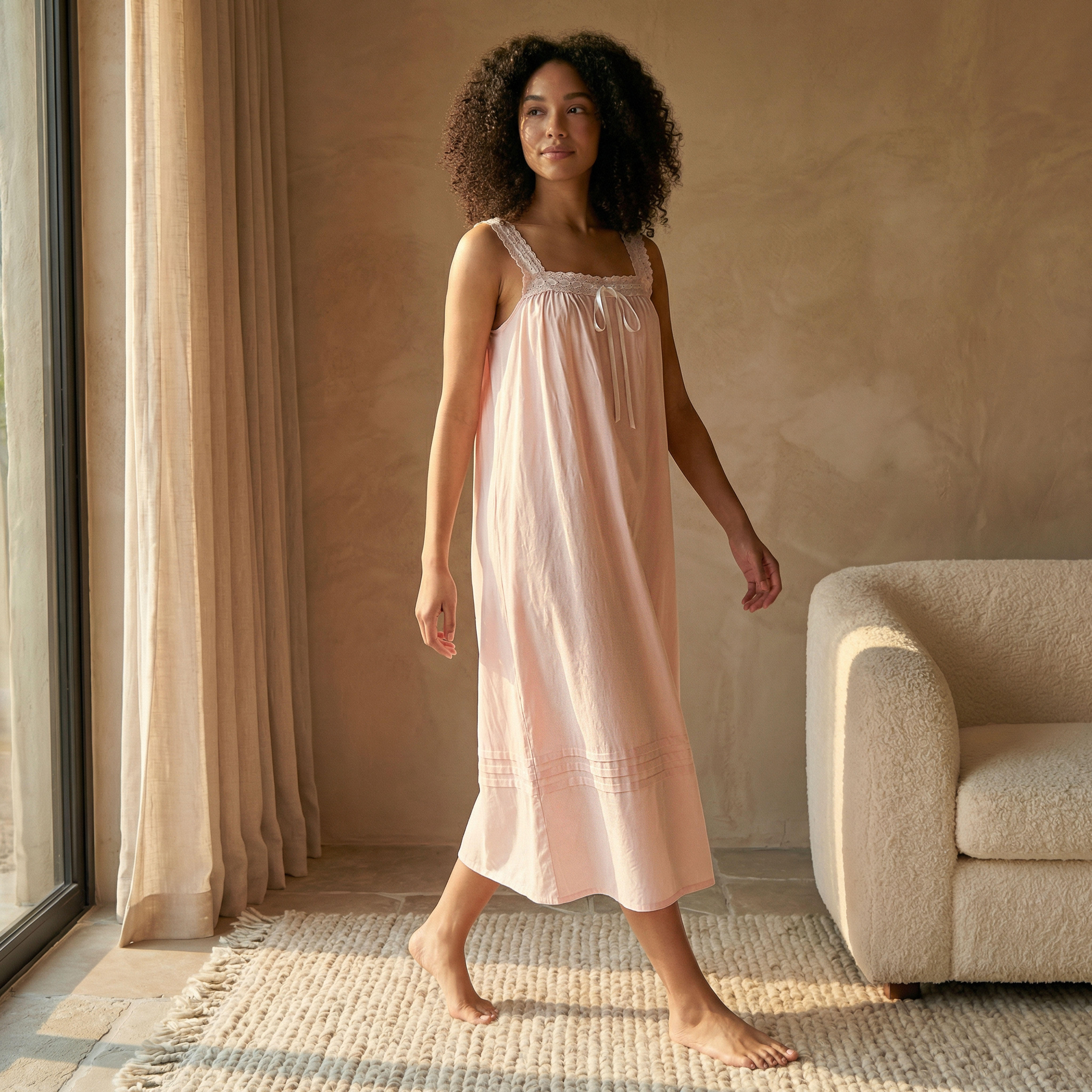 Midi Night Dress Sleeveless Ribbon Tie-Up Cotton-women-clothing-nightwear-nighties-image-1