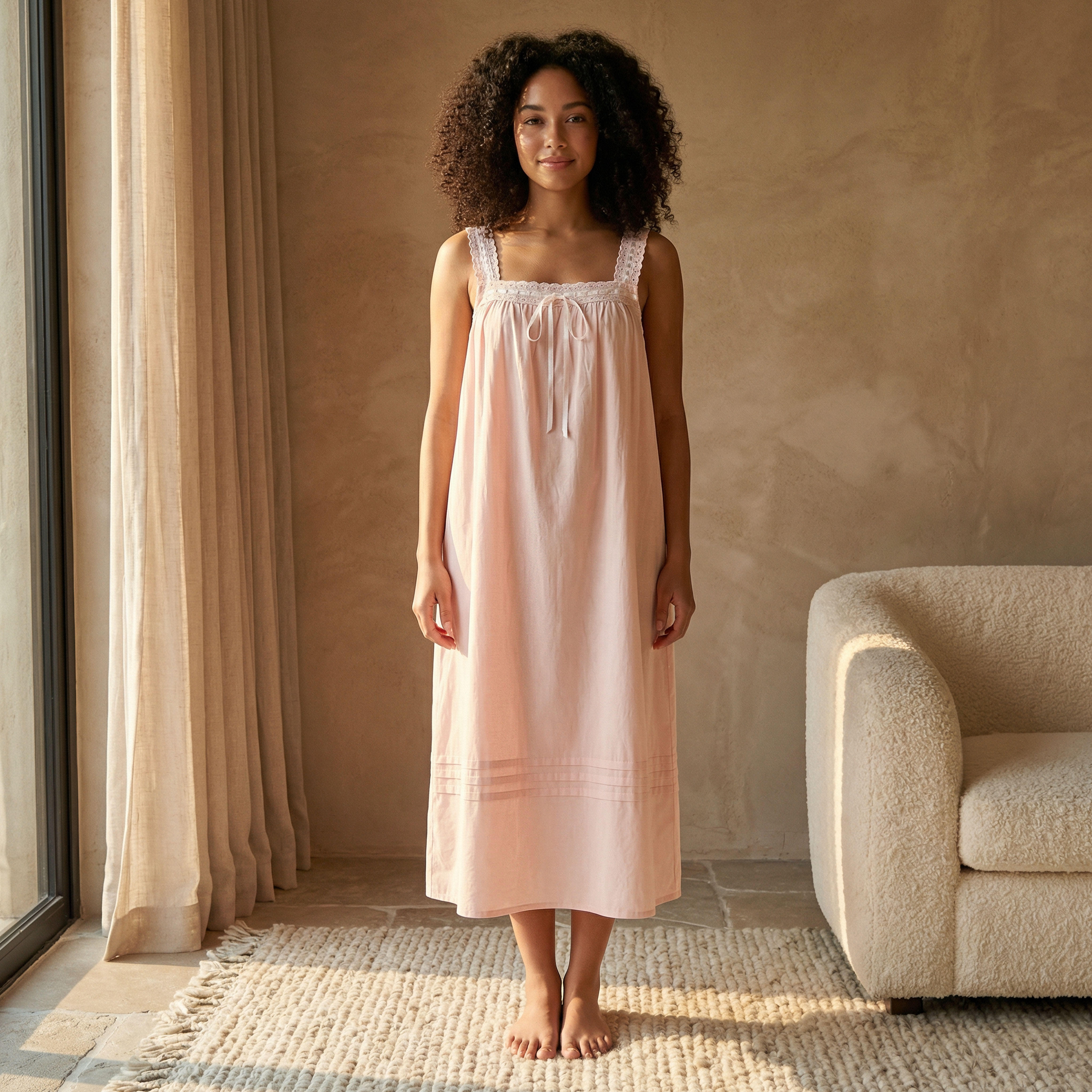 Midi Night Dress Sleeveless Ribbon Tie-Up Cotton-women-clothing-nightwear-nighties-image-5