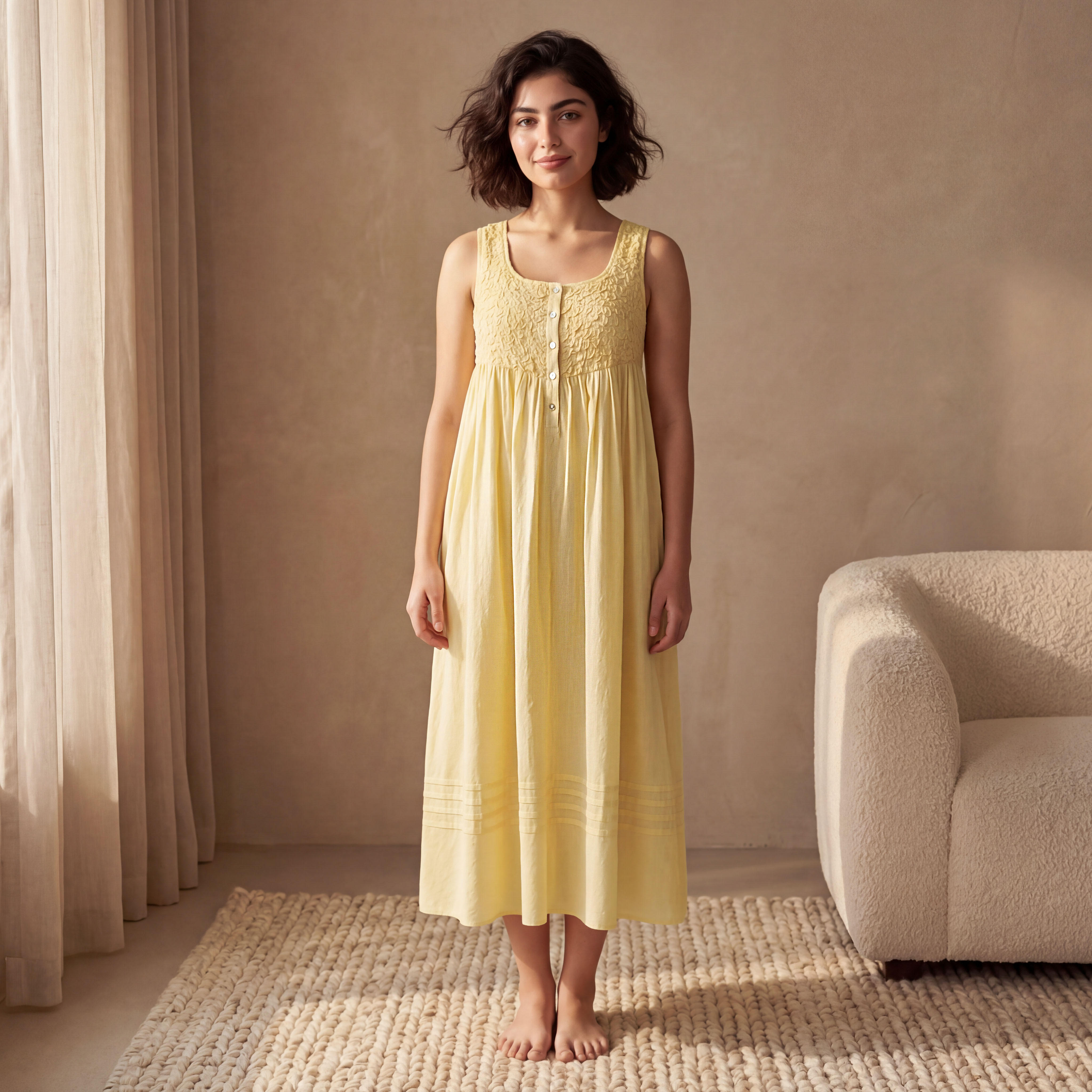 Night Dress Sleeveless Textured Cotton-women-clothing-nightwear-nighties-image-3