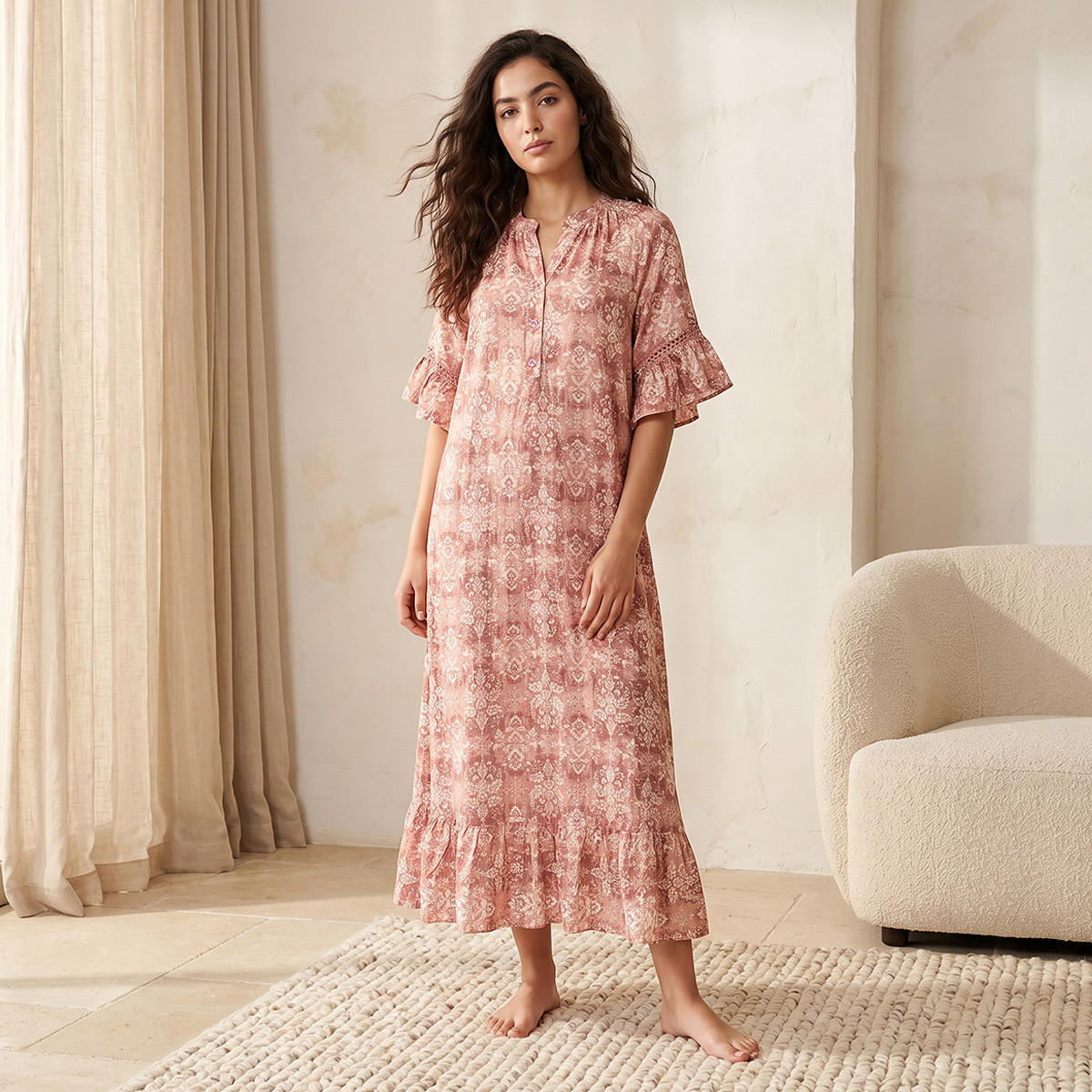 Night Gown Short Sleeve Botanical Print Viscose-women-clothing-nightwear-nighties-image-1