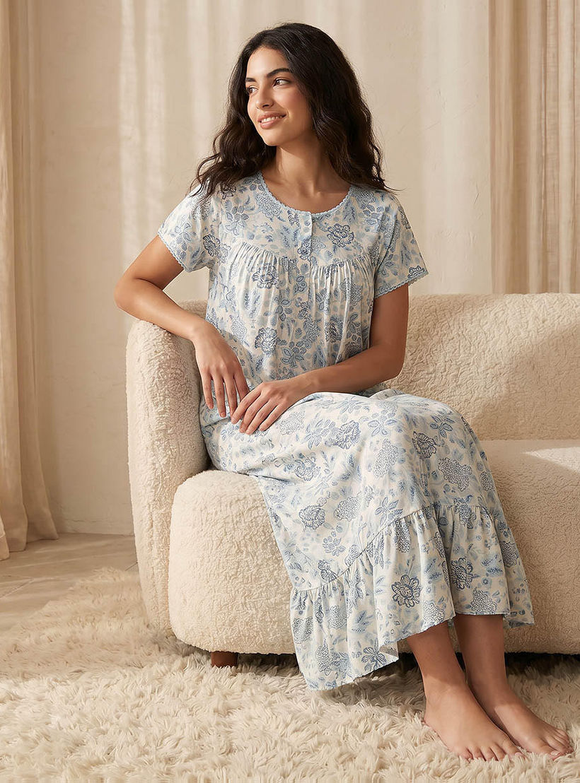 قميص نوم فيسكوز بأكمام قصيرة وطبعات زهرية-women-clothing-nightwear-nighties-image-1