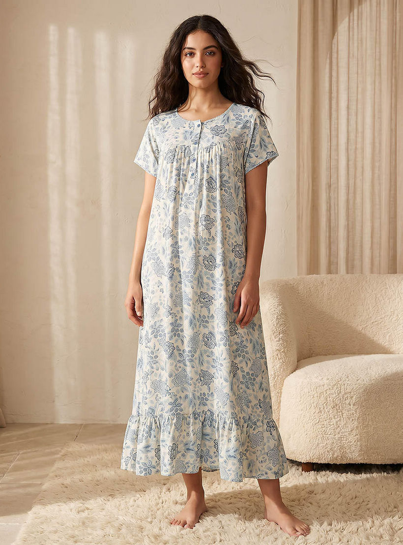 قميص نوم فيسكوز بأكمام قصيرة وطبعات زهرية-women-clothing-nightwear-nighties-image-3