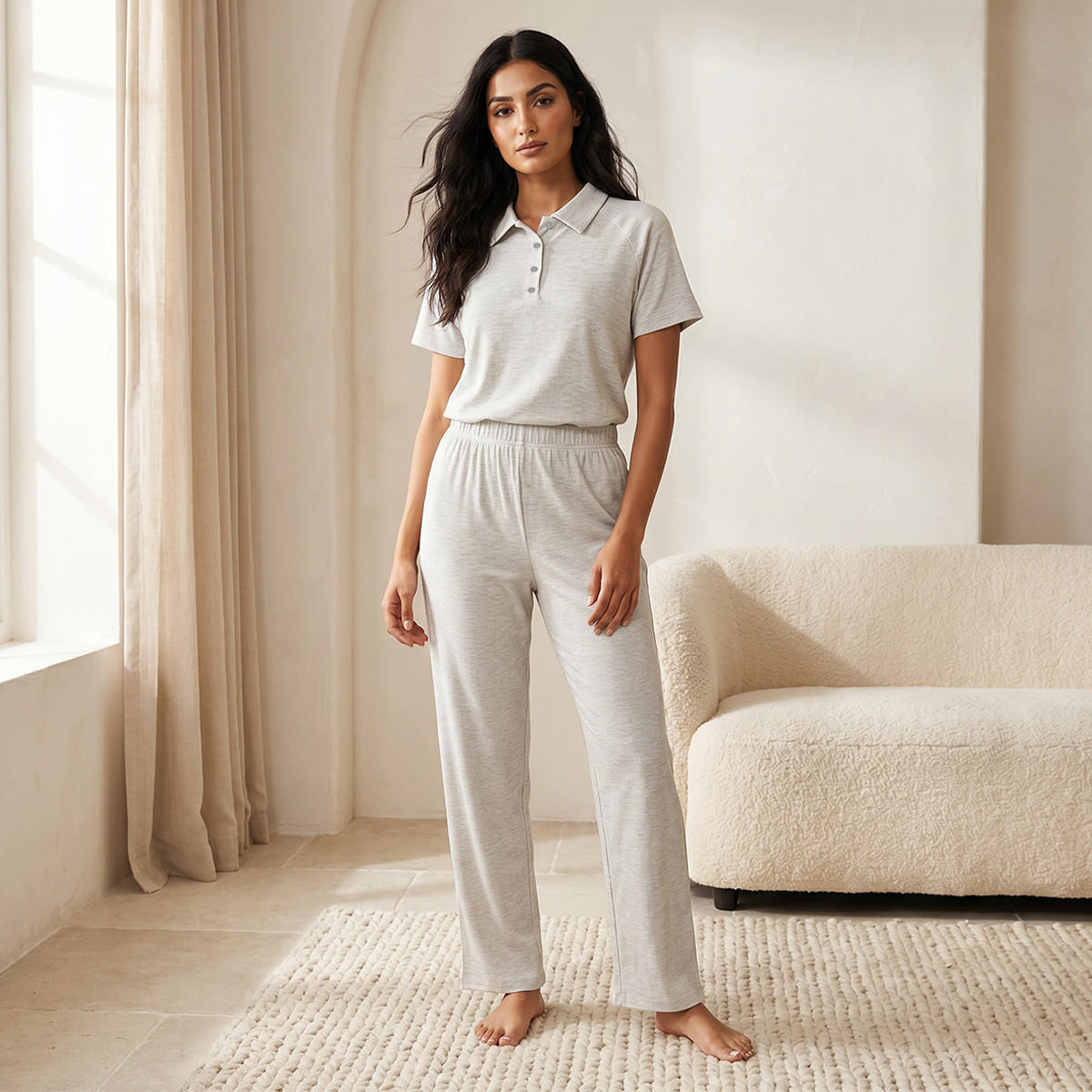 طقم تيشيرت بولو وبنطلون بيجاما-women-clothing-nightwear-pyjamas-longsets-image-1