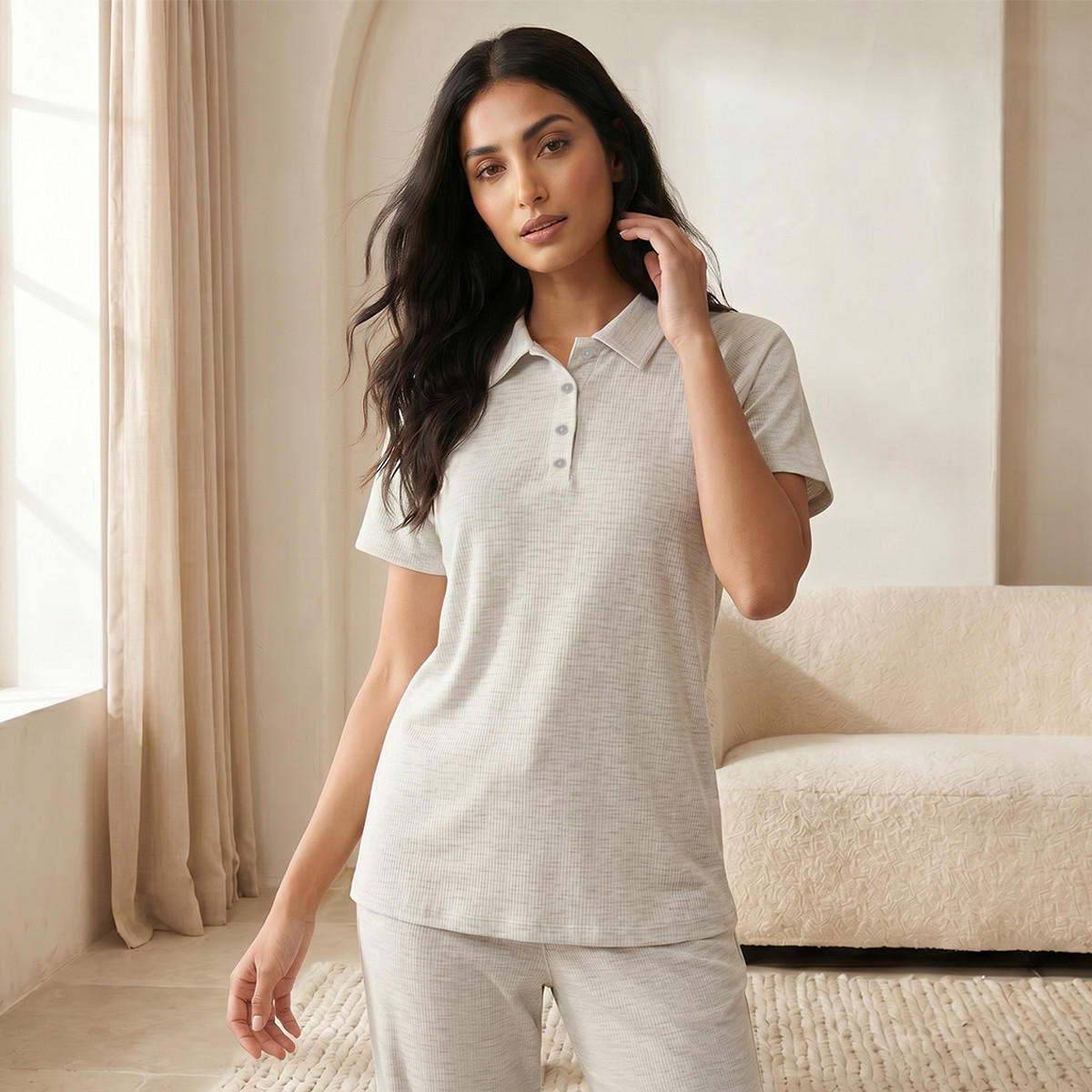 طقم تيشيرت بولو وبنطلون بيجاما-women-clothing-nightwear-pyjamas-longsets-image-3