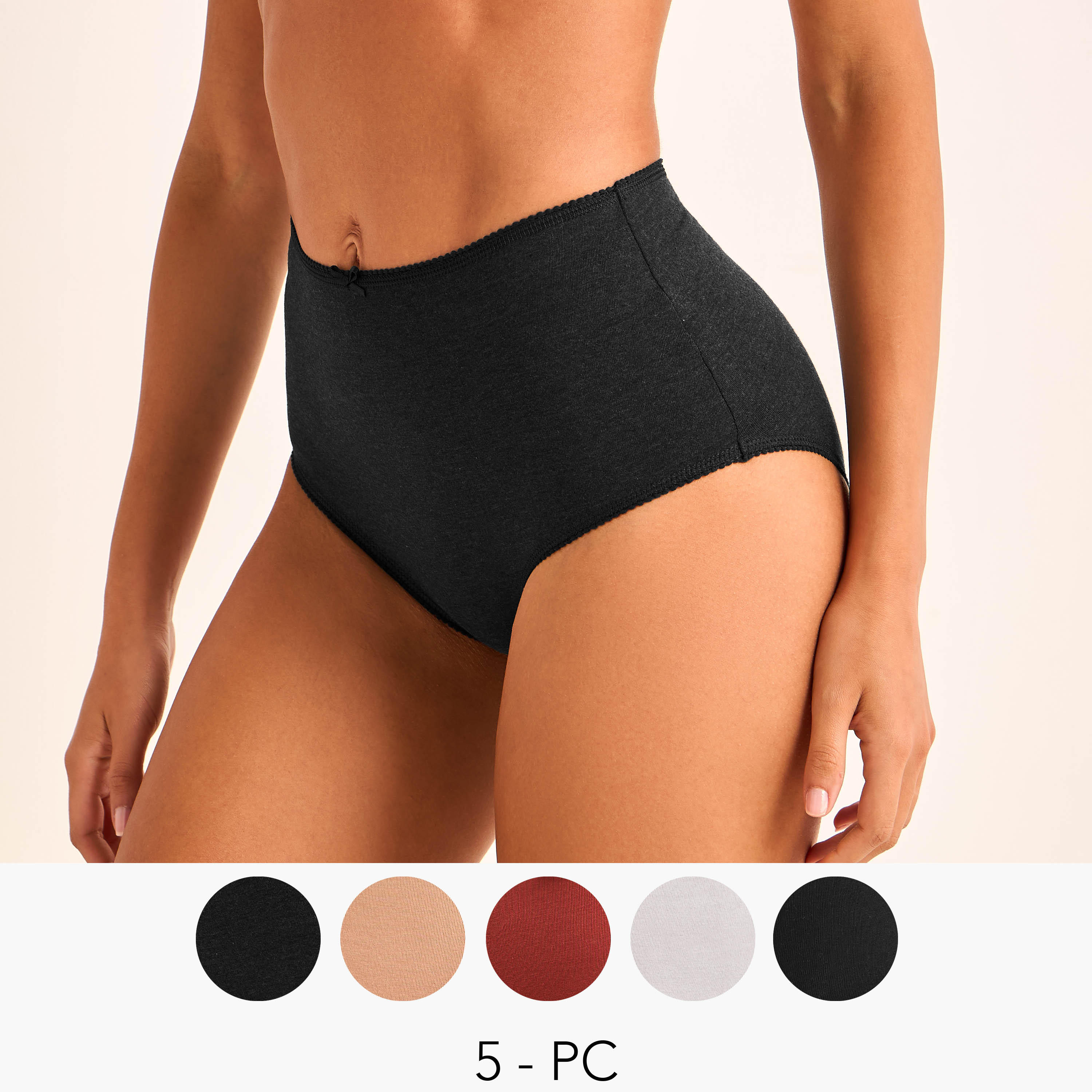 طقم سراويل داخلية كاملة 5 قطع بخصر مرتفع وزينة فيونكة-women-clothing-lingerie-panties-image-1