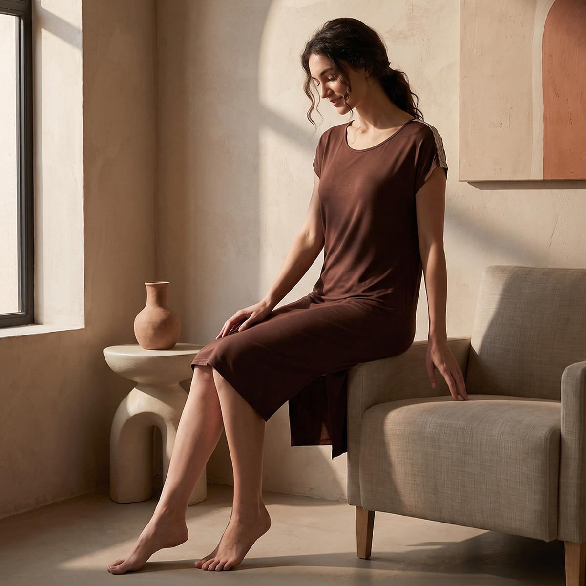 Splash Intimates Knee Length Night Dress with Short Sleeves-women-clothing-nightwear-nighties-image-3