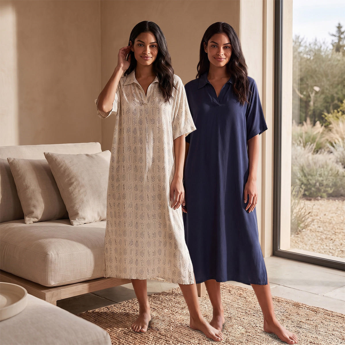 طقم من 2 - قميص نوم فيسكوز بطول ميدي وأكمام قصيرة وطبعات متنوعة من سبلاش انتيميتس-women-clothing-nightwear-nighties-image-1