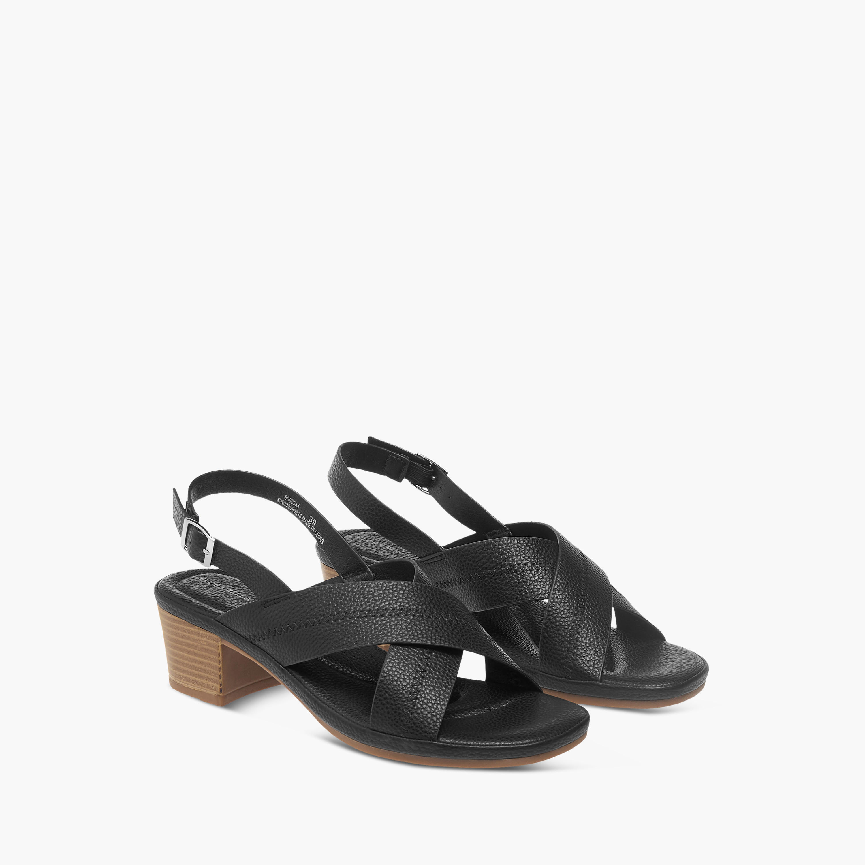 صندل مريح بارز الملمس بحزام متقاطع وكعب سميك وإبزيم إغلاق من فلورا بيلا-women-shoes-sandals-heeled-image-1