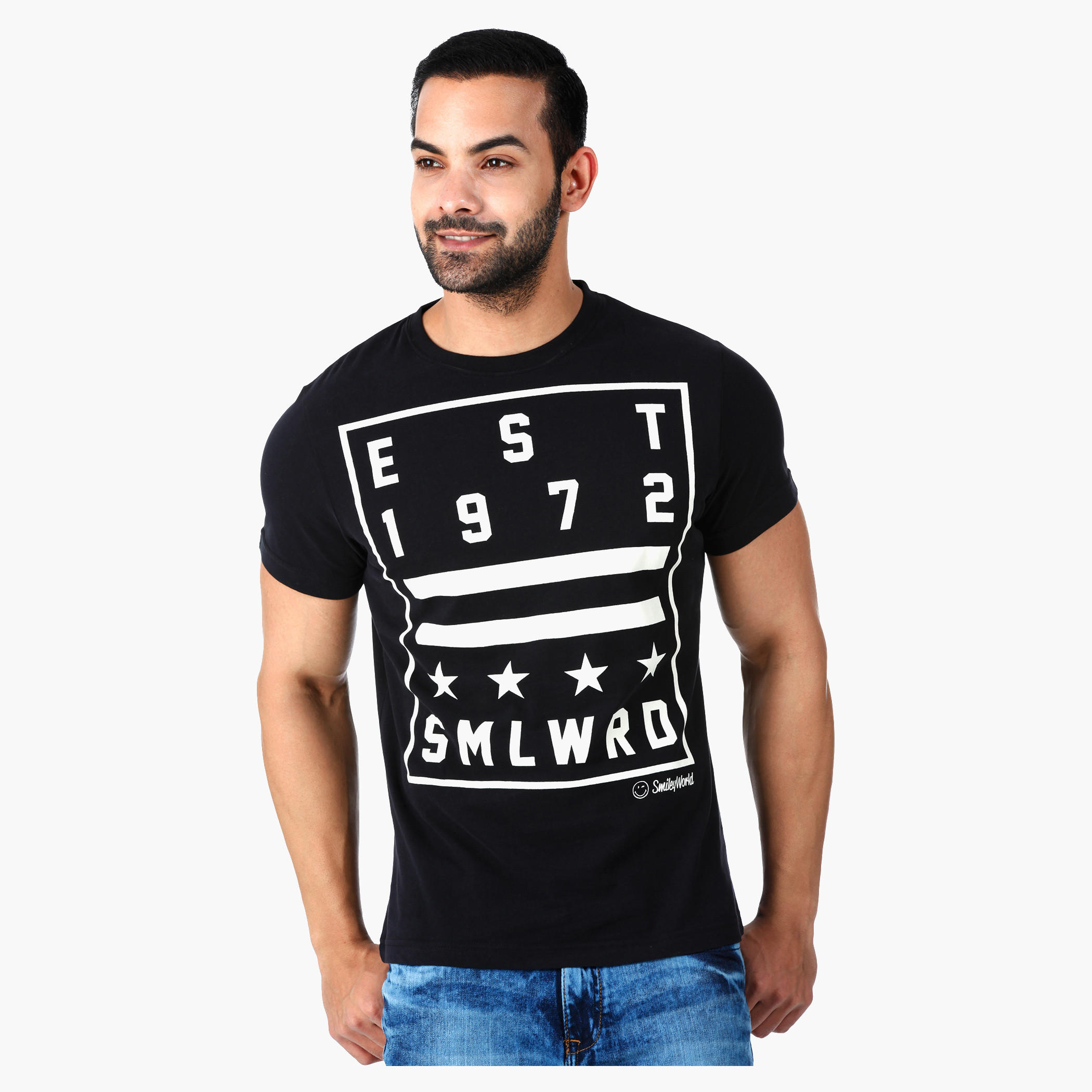 Smiley World Graphic Print Cotton T-Shirt with Short Sleeves in Regular Fit-men-clothing-tshirtsandpolos-tshirts-image-1