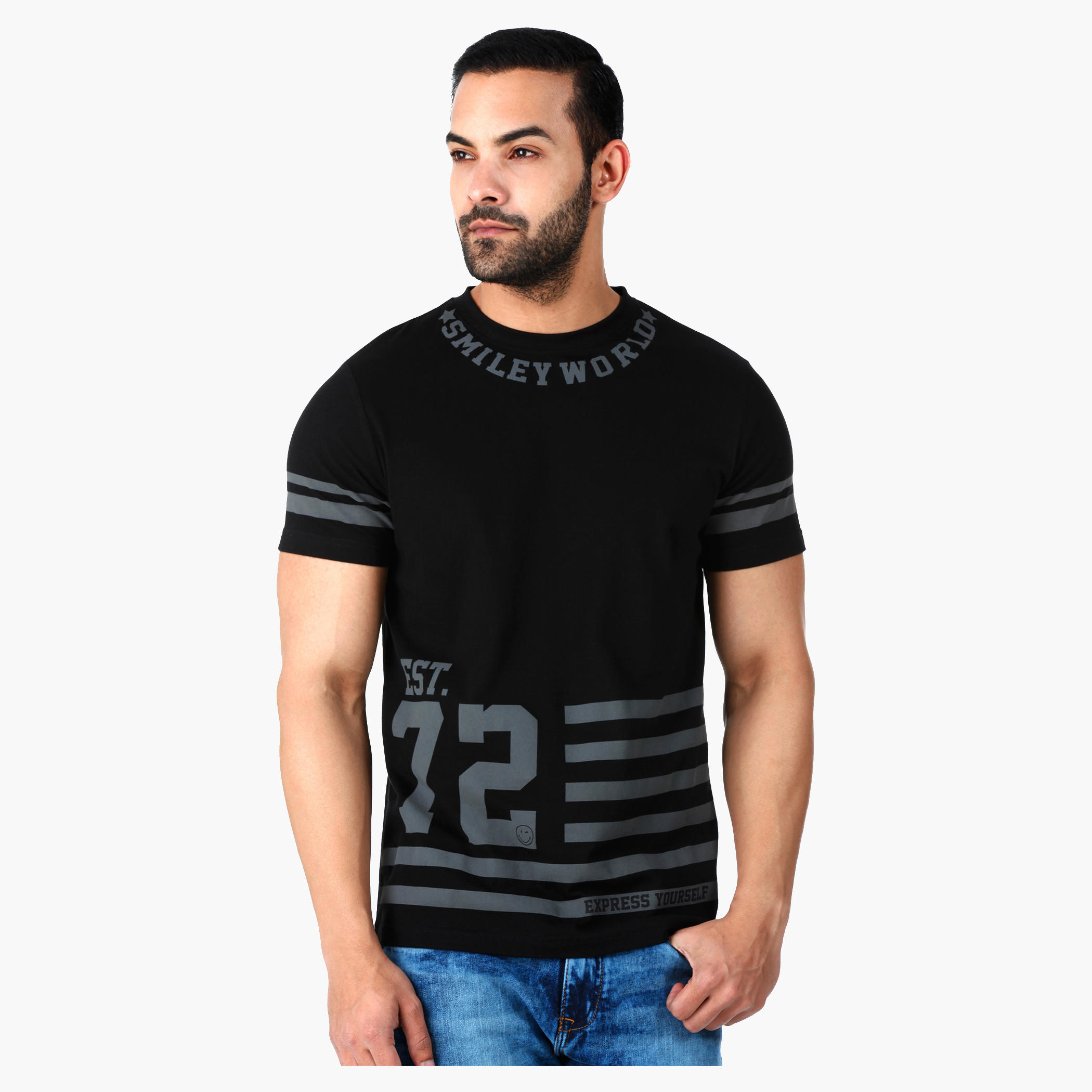 Smiley World Graphic Print Cotton T-Shirt with Short Sleeves in Regular Fit-men-clothing-tshirtsandpolos-tshirts-image-1