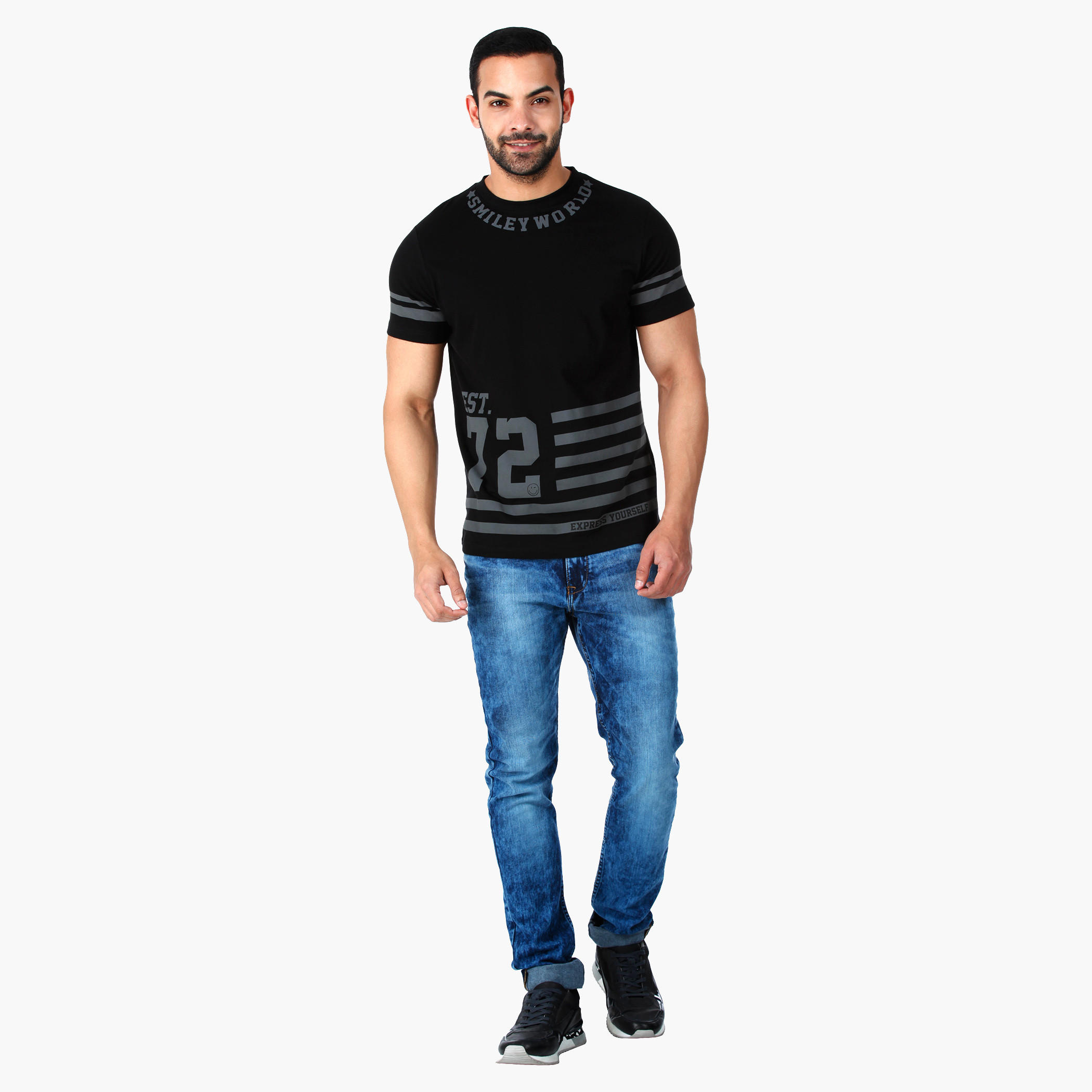 Smiley World Graphic Print Cotton T-Shirt with Short Sleeves in Regular Fit-men-clothing-tshirtsandpolos-tshirts-image-5