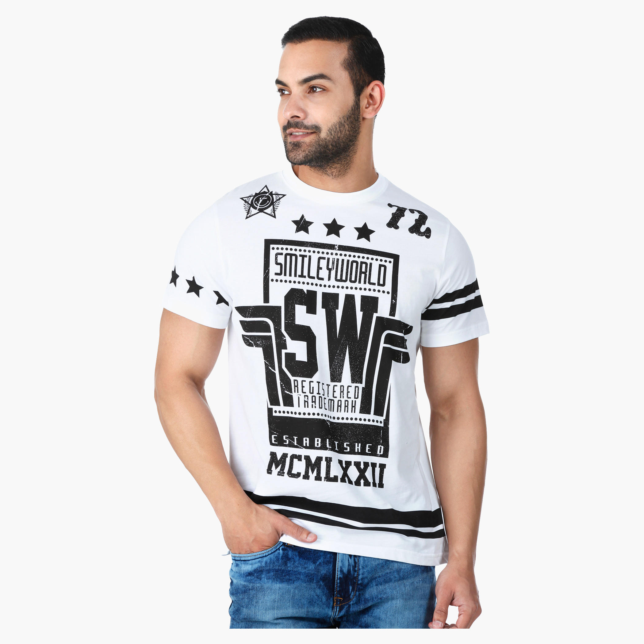 Smiley World Graphic Print Cotton T-Shirt with Short Sleeves in Regular Fit-men-clothing-tshirtsandpolos-tshirts-image-1