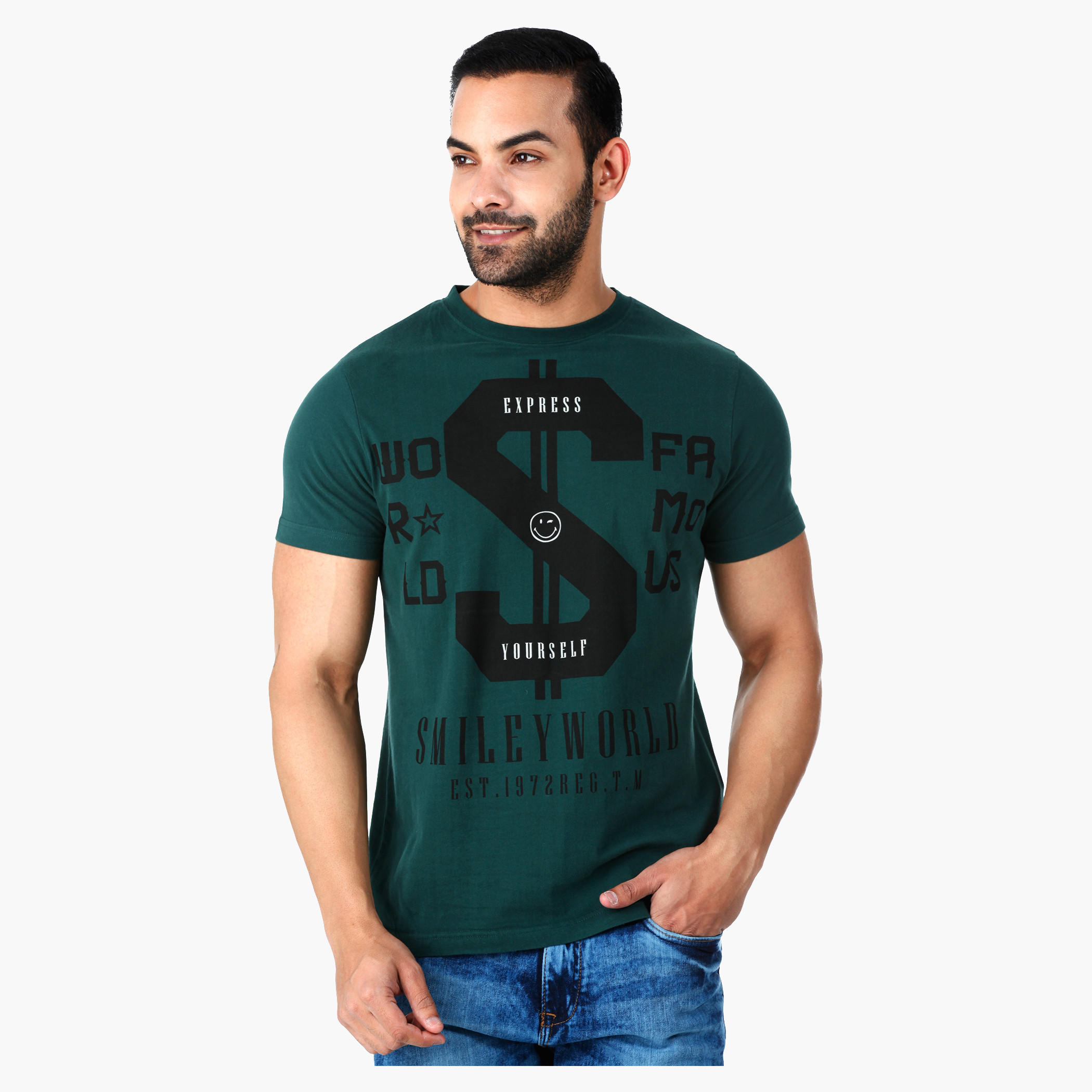 Smiley World Graphic Print Cotton T-Shirt with Short Sleeves in Regular Fit-men-clothing-tshirtsandpolos-tshirts-image-1