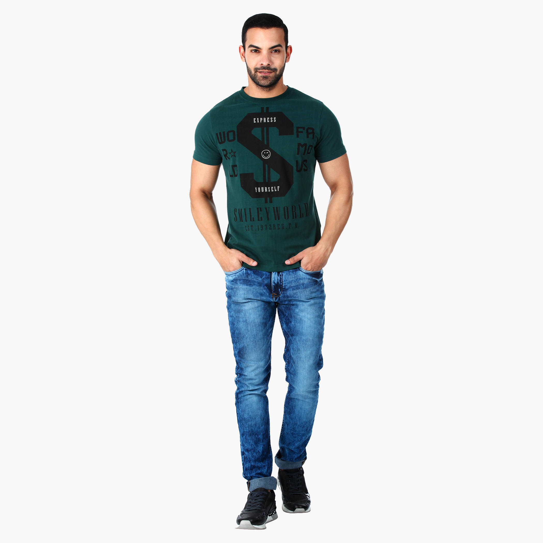 Smiley World Graphic Print Cotton T-Shirt with Short Sleeves in Regular Fit-men-clothing-tshirtsandpolos-tshirts-image-5
