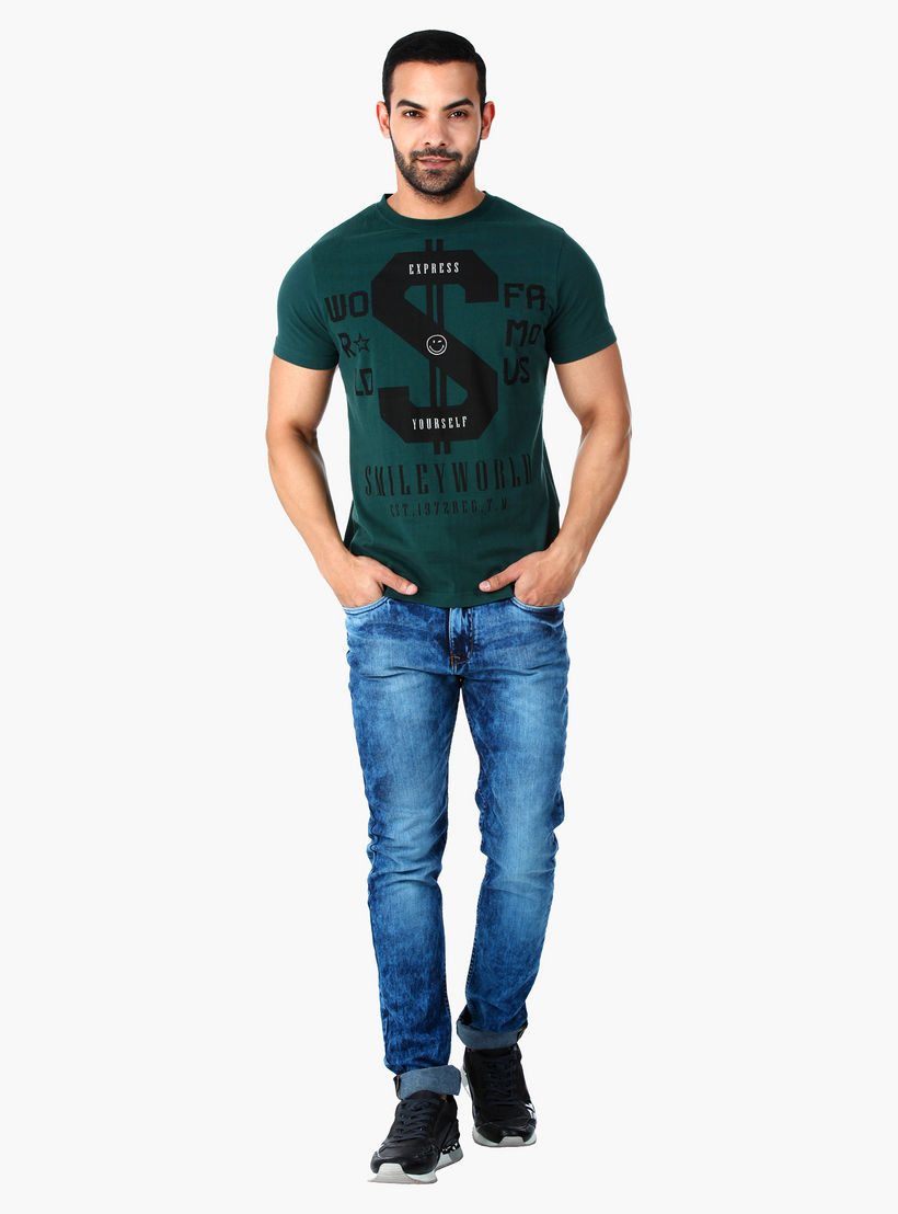 Smiley World Graphic Print Cotton T-Shirt with Short Sleeves in Regular Fit-men-clothing-tshirtsandpolos-tshirts-image-5