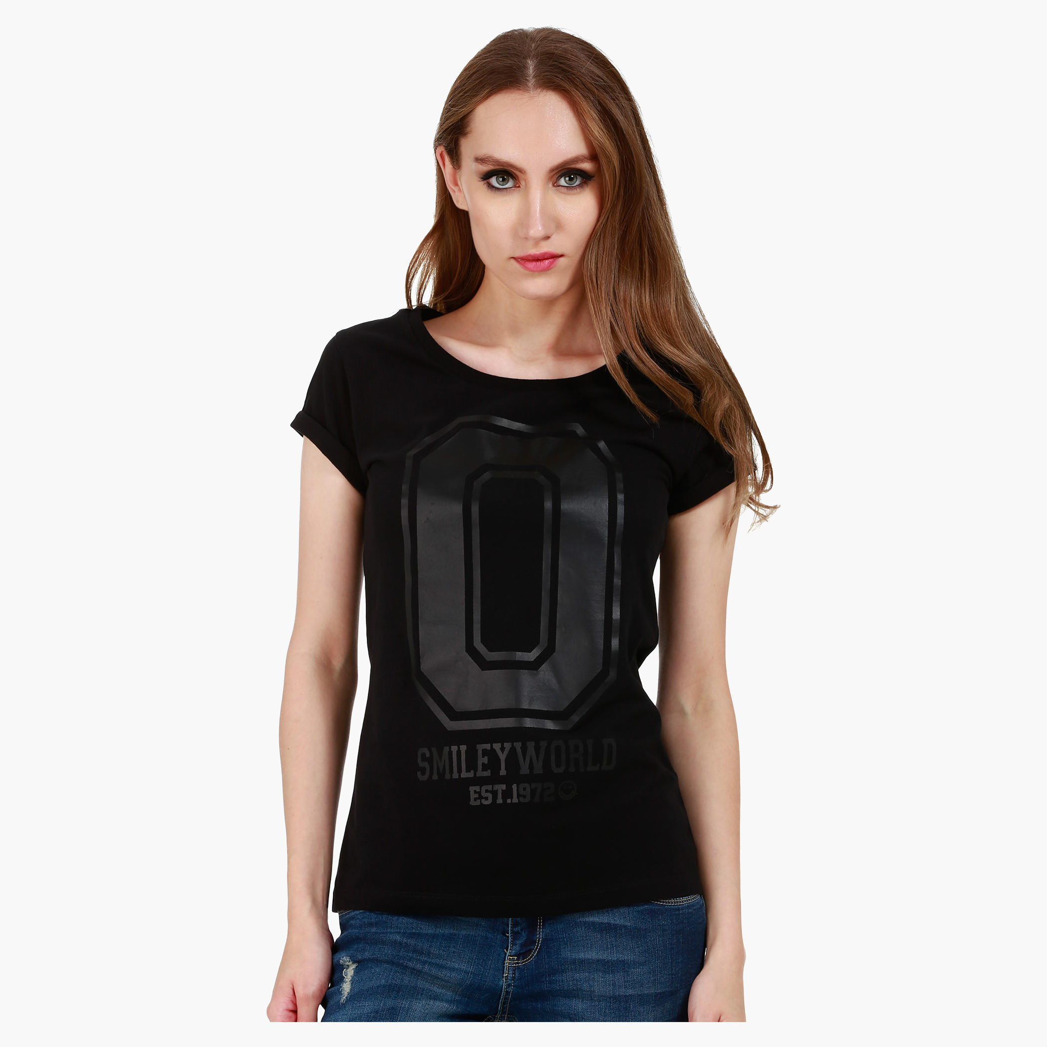 Smiley World Graphic Print Cotton T-Shirt with Short Sleeves-women-clothing-tshirts-image-1