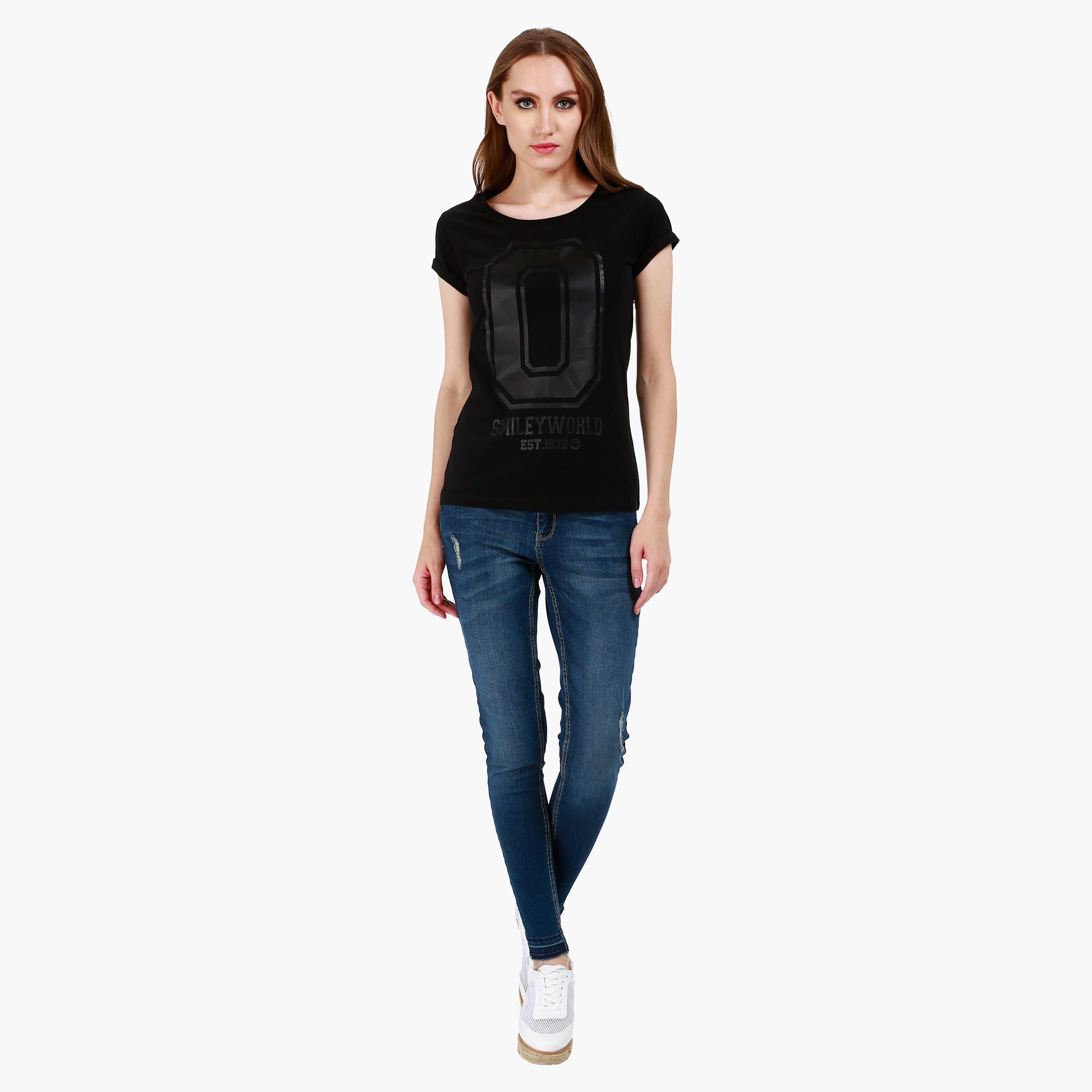 Smiley World Graphic Print Cotton T-Shirt with Short Sleeves-women-clothing-tshirts-image-5