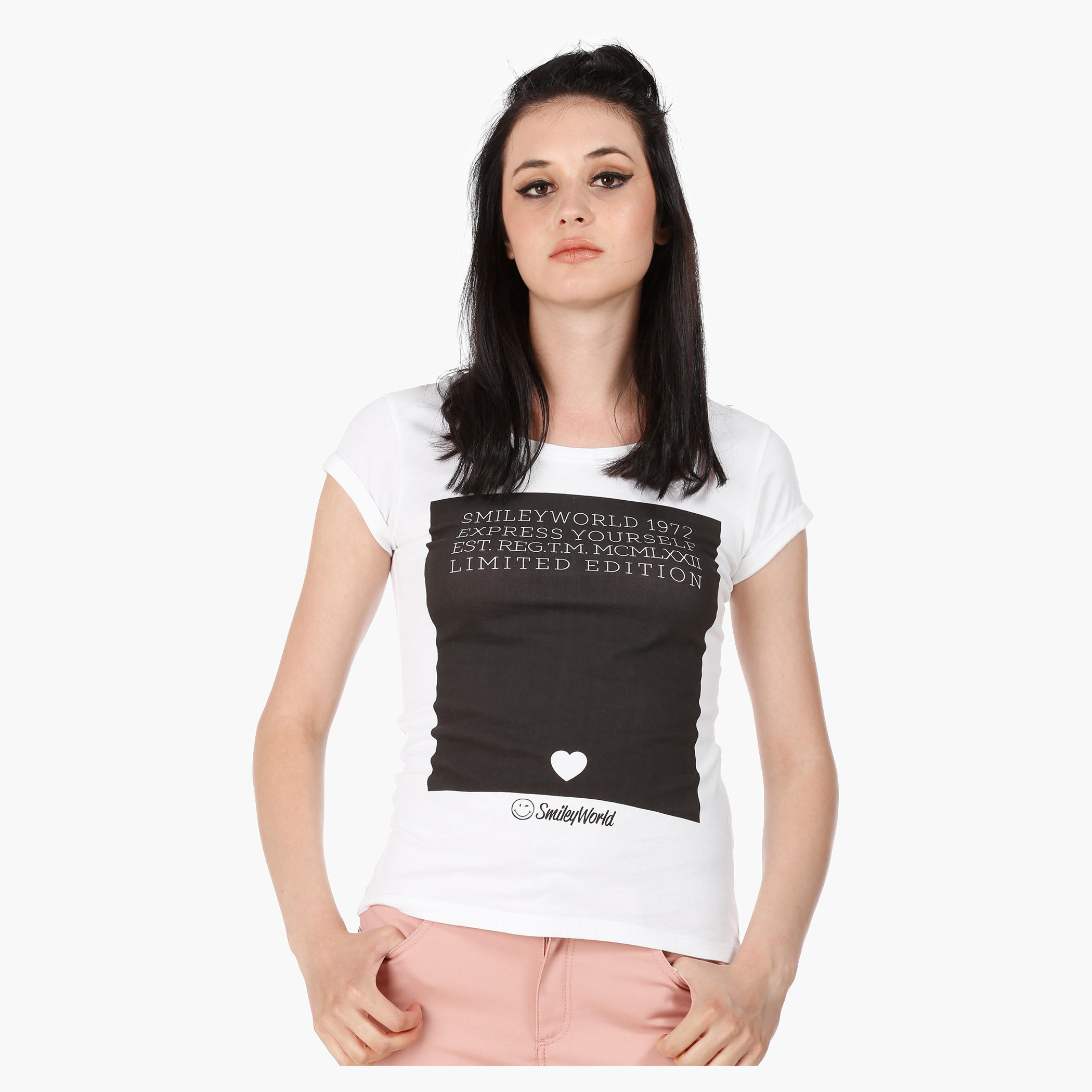 Smiley World Print T-Shirt with Short Sleeves in Regular Fit-women-clothing-tshirts-image-1