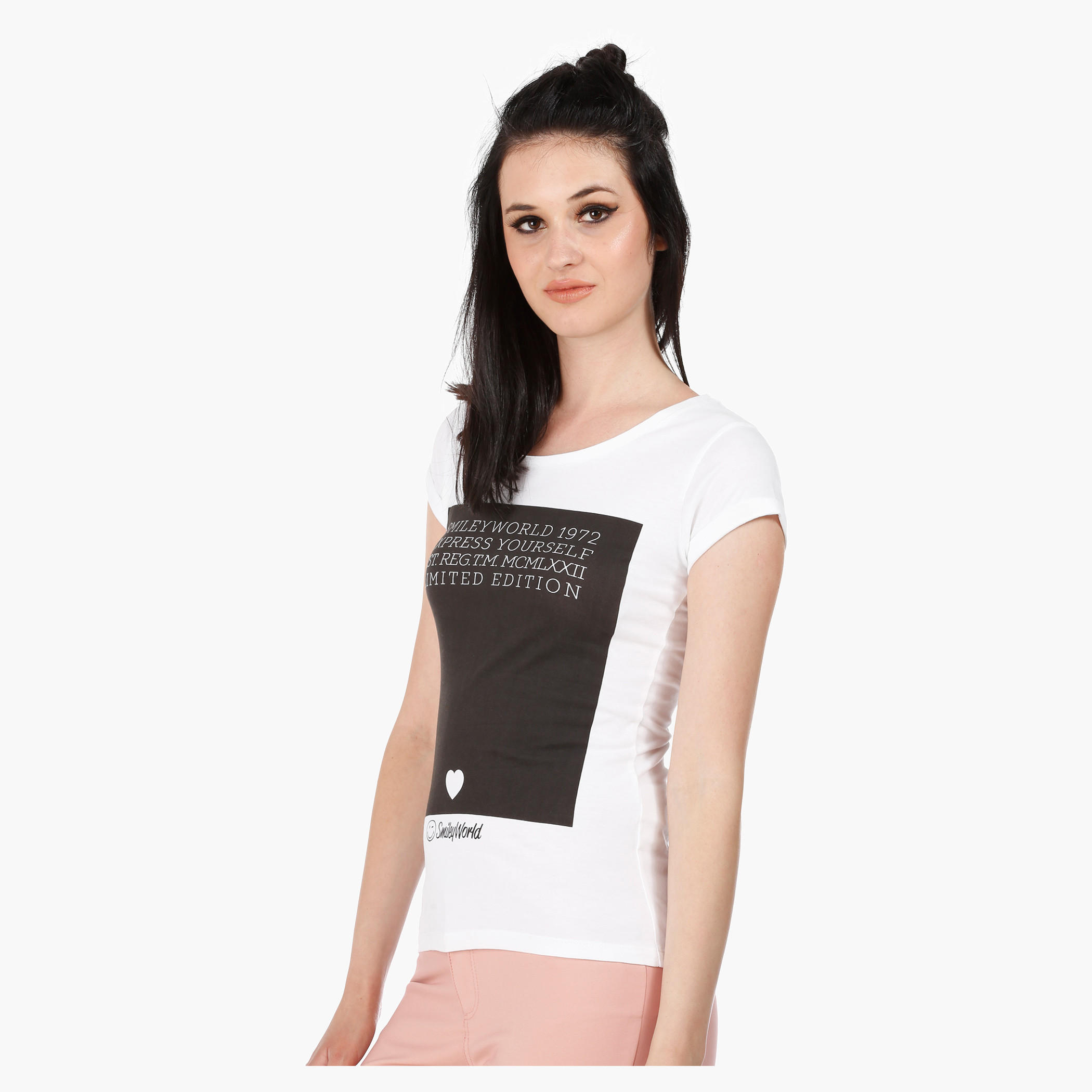 Smiley World Print T-Shirt with Short Sleeves in Regular Fit-women-clothing-tshirts-image-3