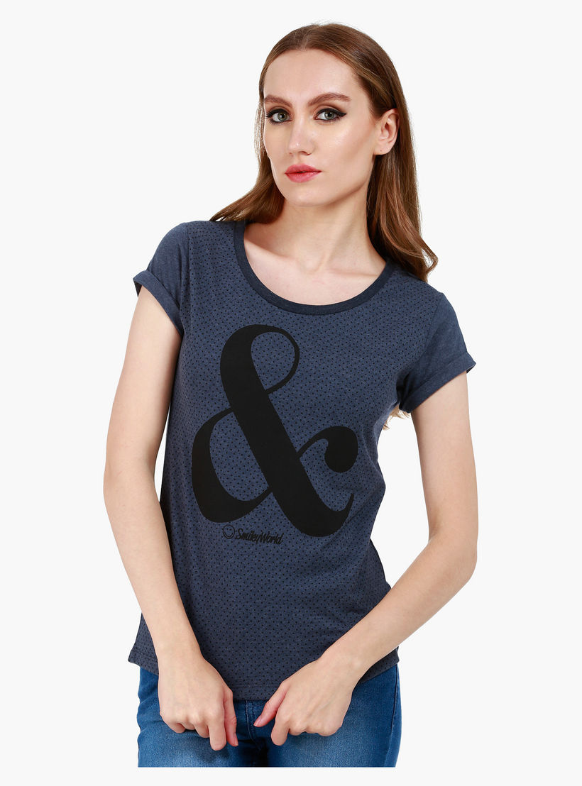 Smiley World Short-Sleeved T-Shirt with Polka Dot and Graphic Print in Regular Fit-women-clothing-tshirts-image-1