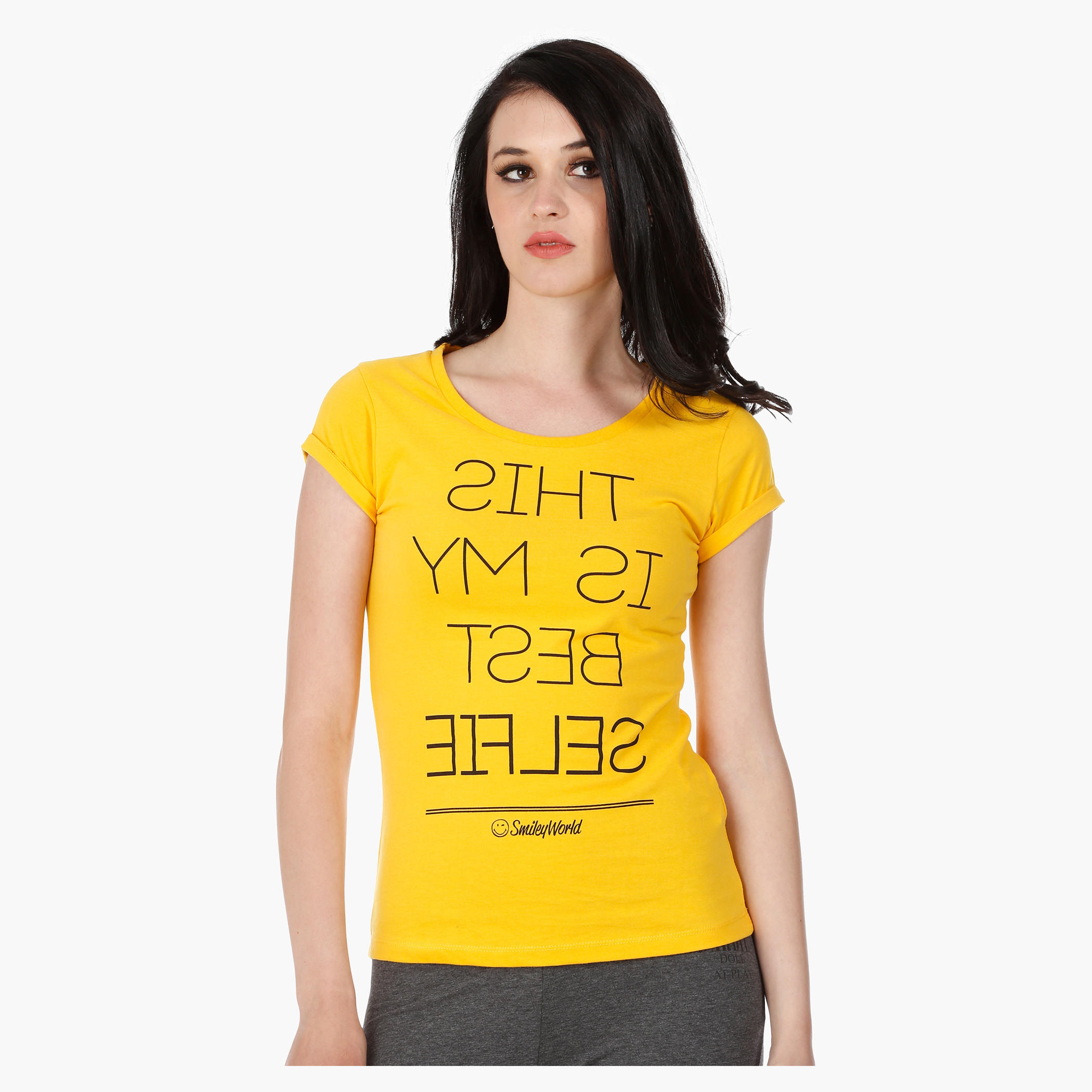 Smiley World Print T-Shirt with Short Sleeves in Regular Fit-women-clothing-tshirts-image-1
