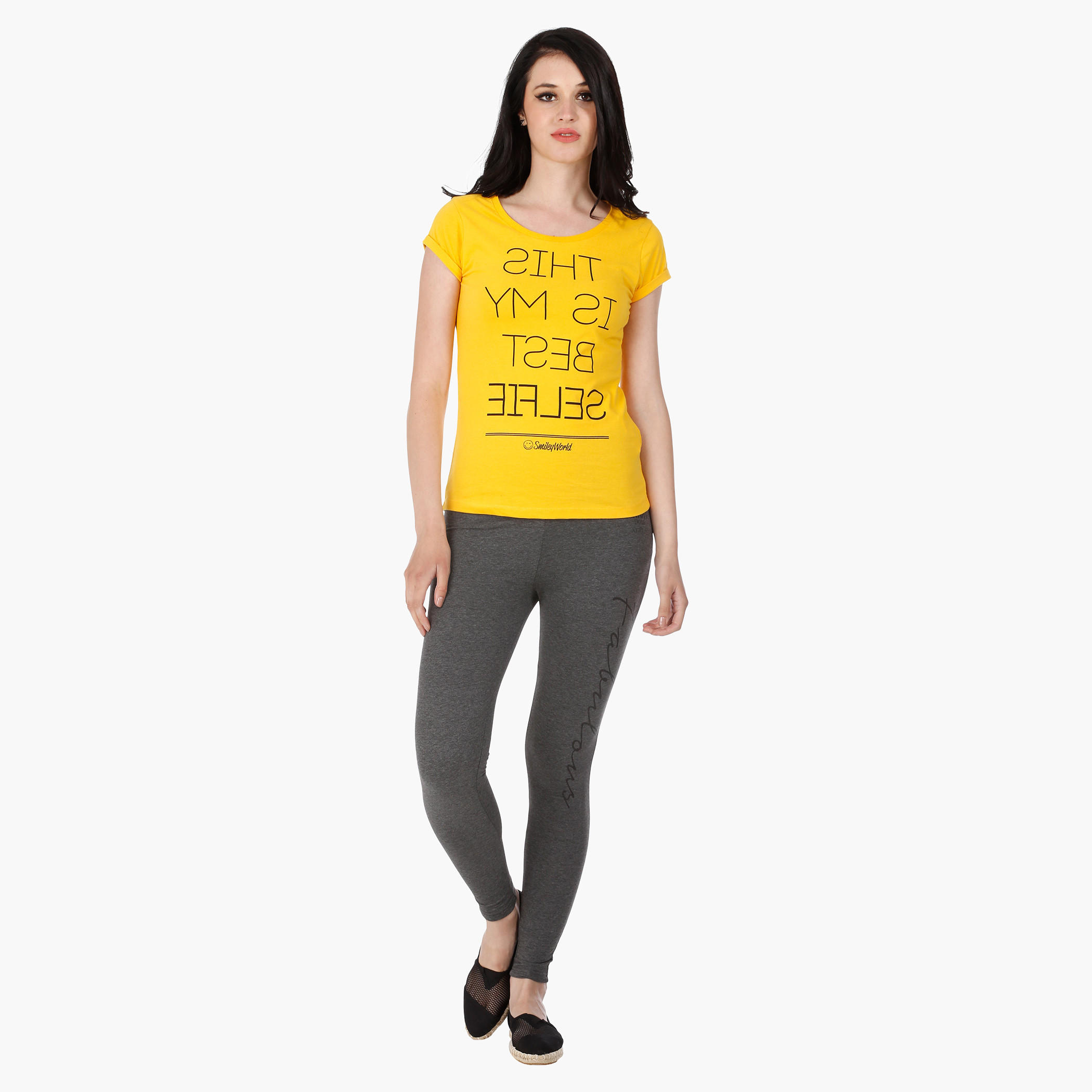 Smiley World Print T-Shirt with Short Sleeves in Regular Fit-women-clothing-tshirts-image-5