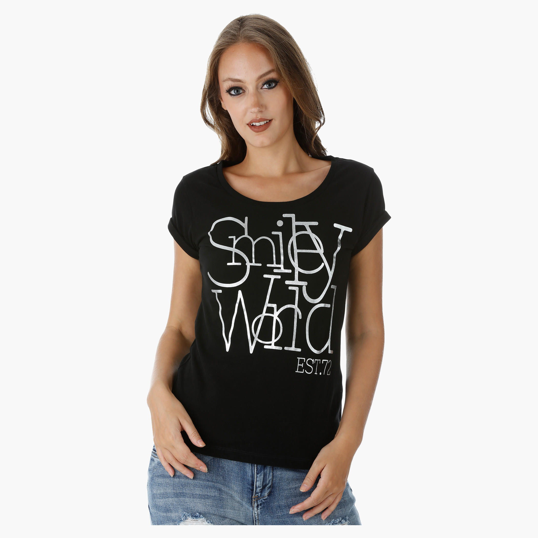Smiley World Printed T-Shirt with Short Turn Up Sleeves-women-clothing-tshirts-image-1