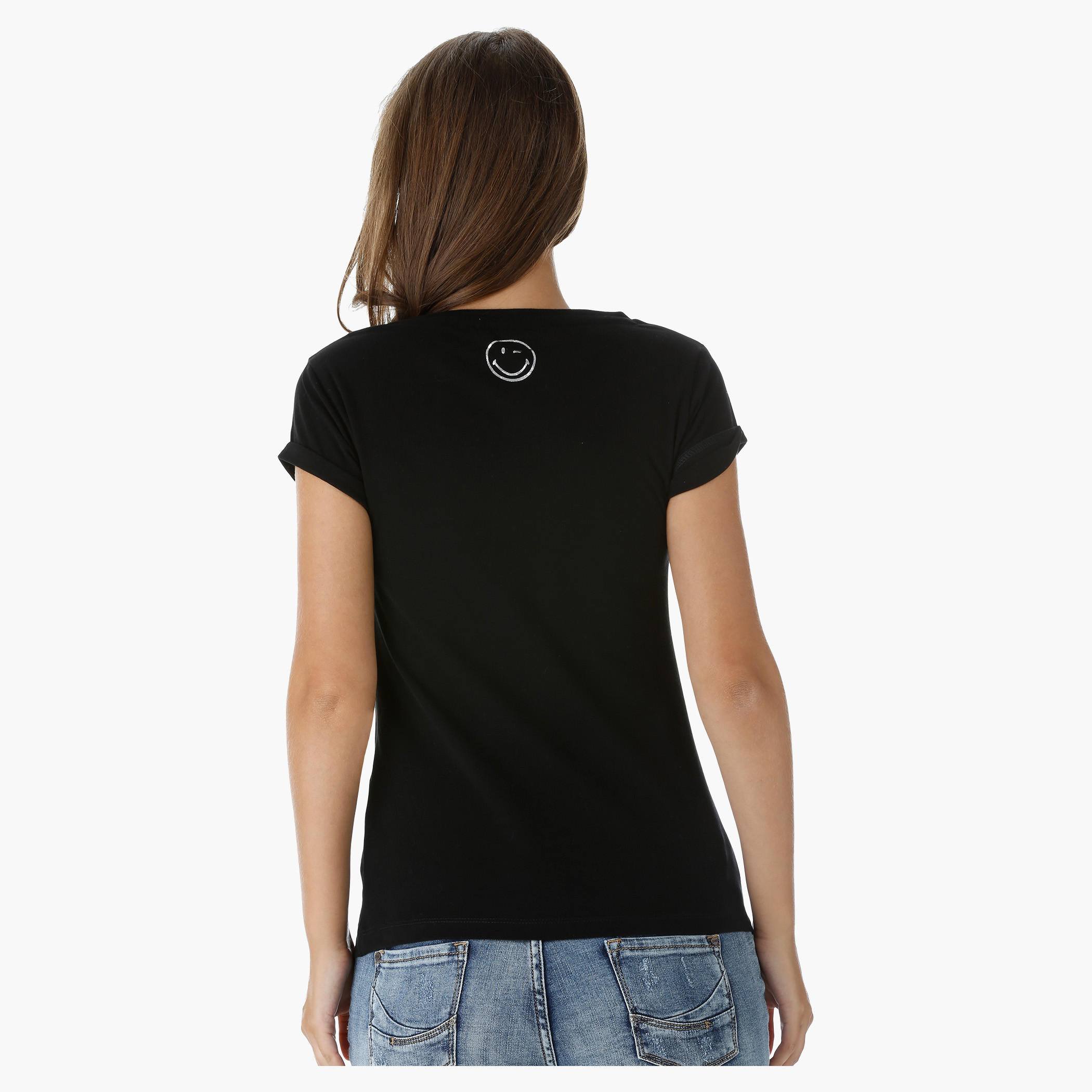 Smiley World Printed T-Shirt with Short Turn Up Sleeves-women-clothing-tshirts-image-2