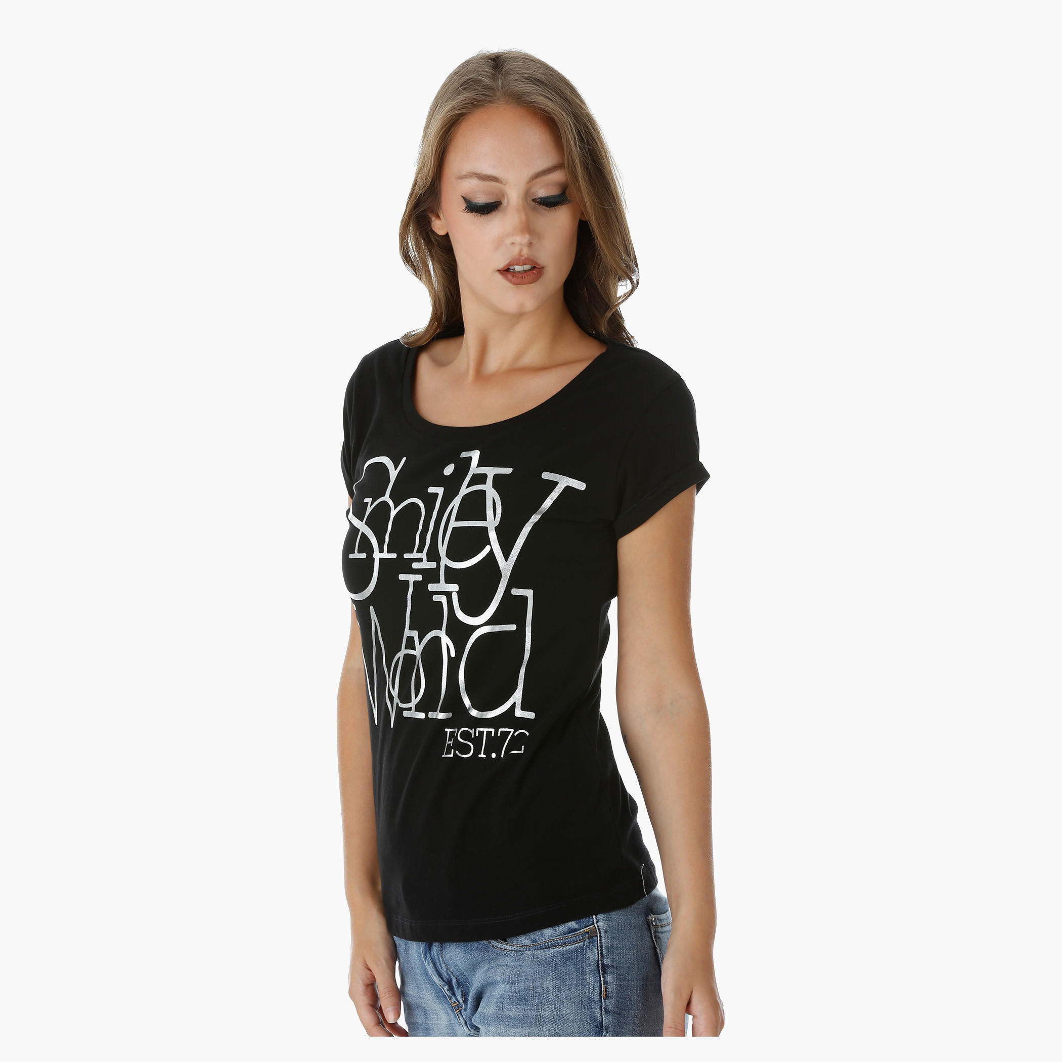 Smiley World Printed T-Shirt with Short Turn Up Sleeves-women-clothing-tshirts-image-3