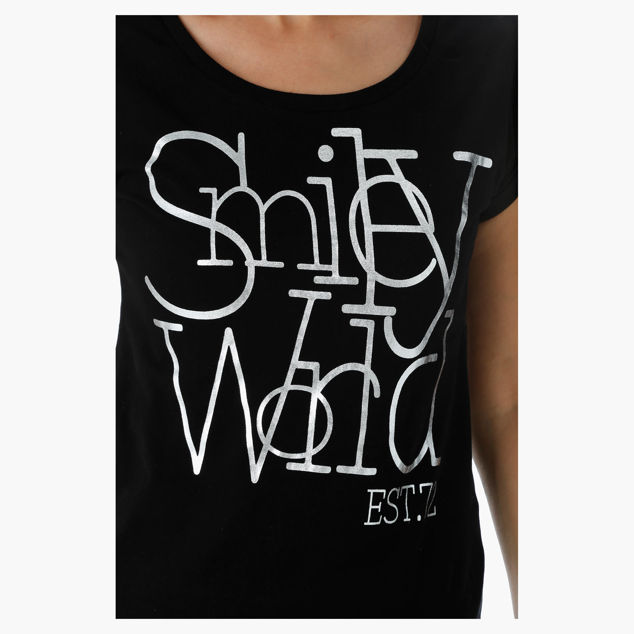 Smiley World Printed T-Shirt with Short Turn Up Sleeves-women-clothing-tshirts-image-4