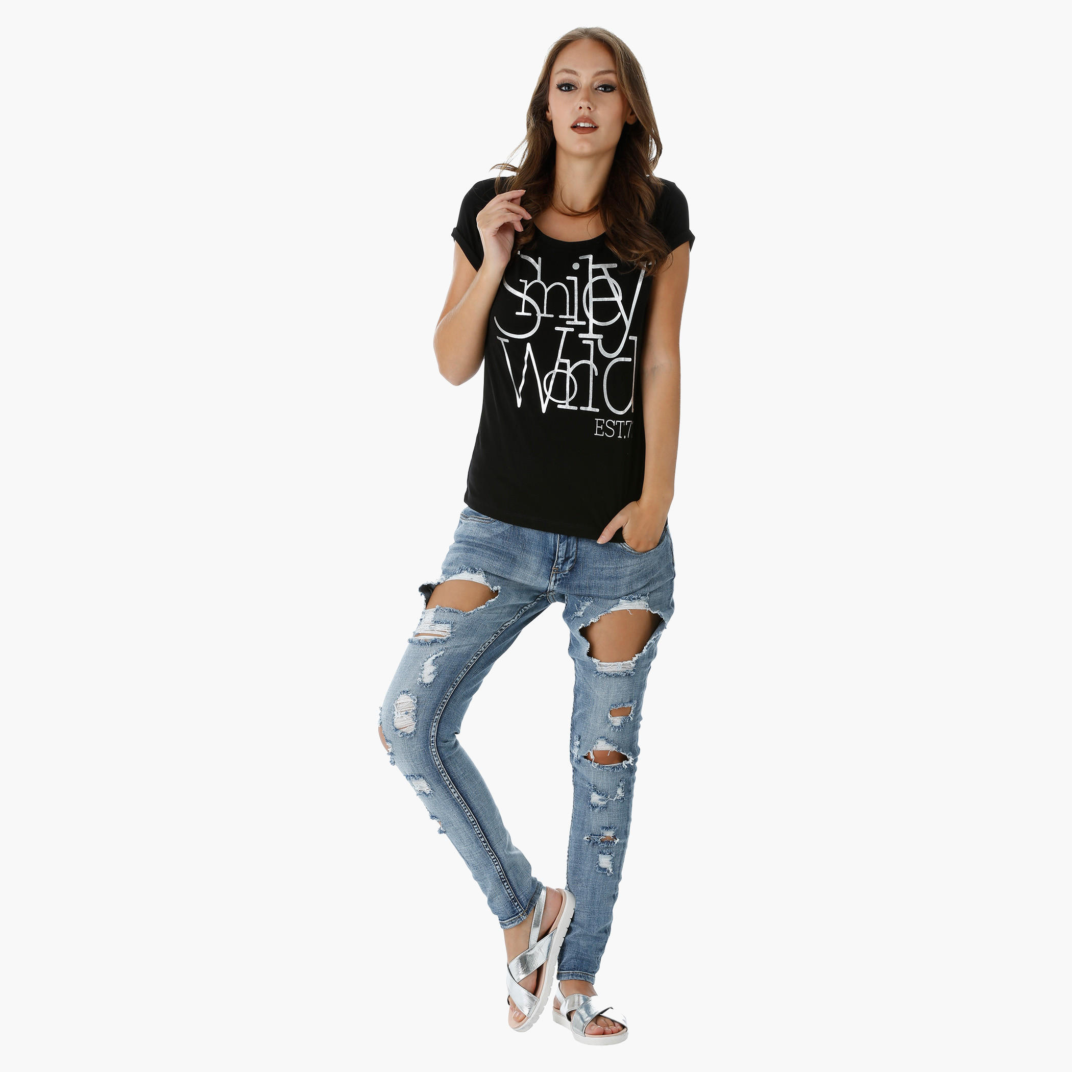 Smiley World Printed T-Shirt with Short Turn Up Sleeves-women-clothing-tshirts-image-5