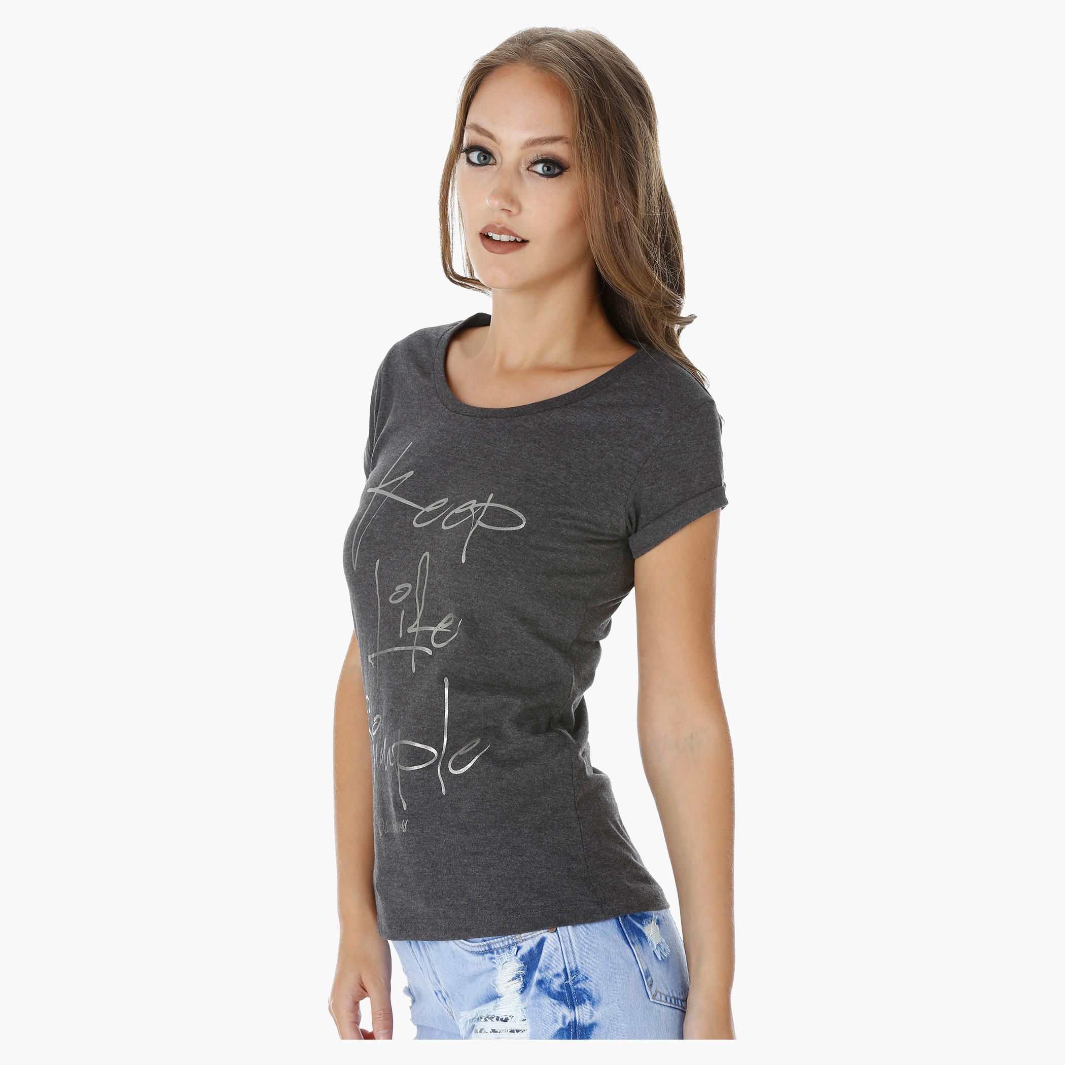 Smiley World Printed T-Shirt with Short Turn Up Sleeves-women-clothing-tshirts-image-3
