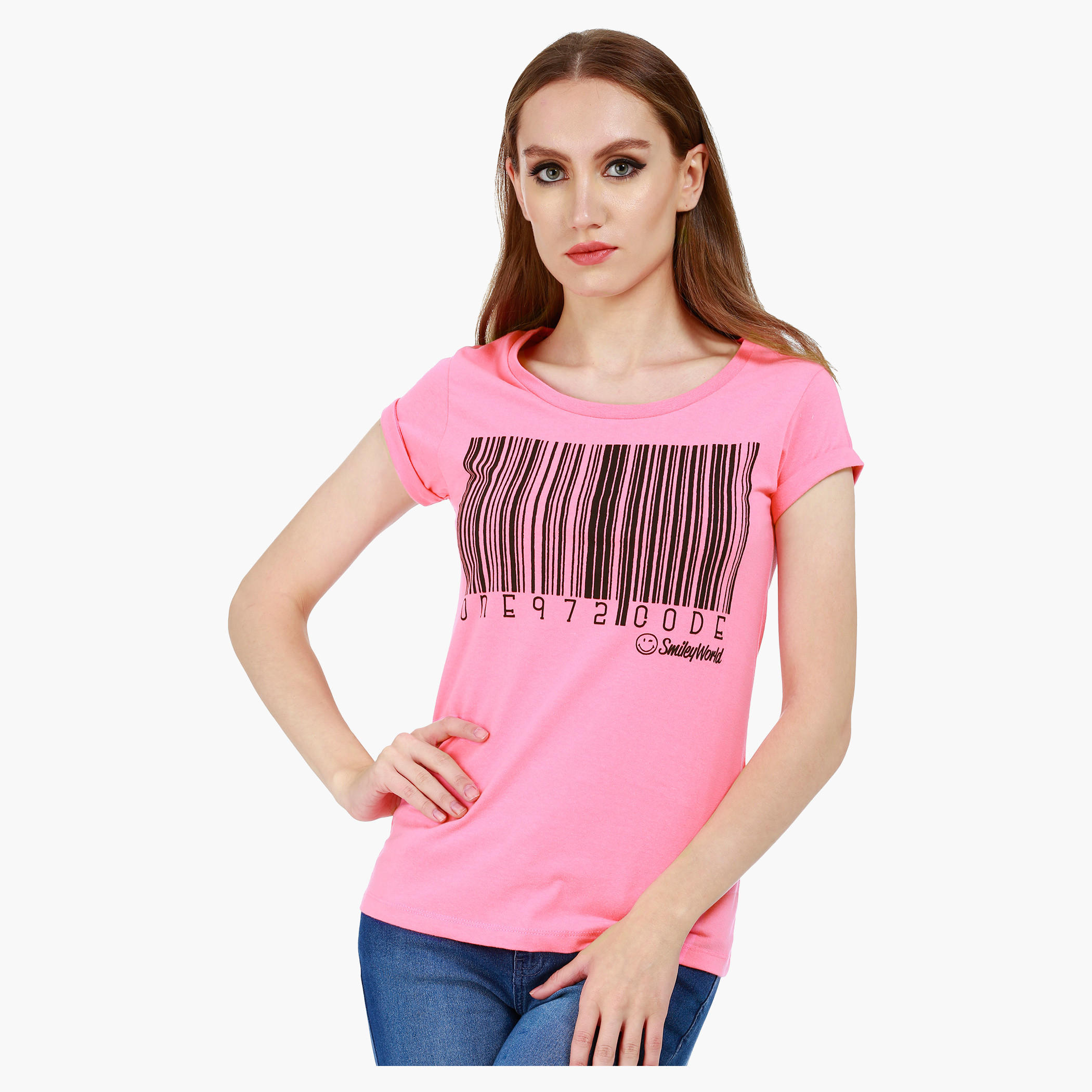 Smiley World Boat Neck Melange T-Shirt with Graphic Print and Short Sleeves in Regular Fit-women-clothing-tshirts-image-1