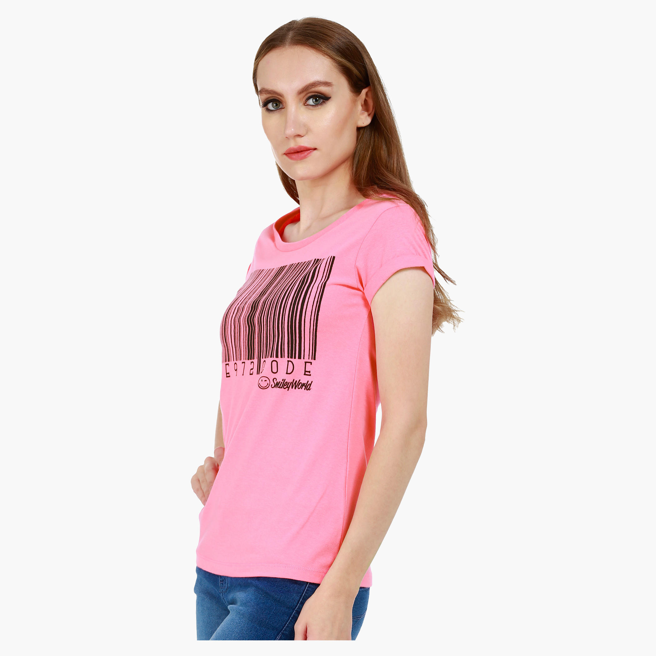 Smiley World Boat Neck Melange T-Shirt with Graphic Print and Short Sleeves in Regular Fit-women-clothing-tshirts-image-3