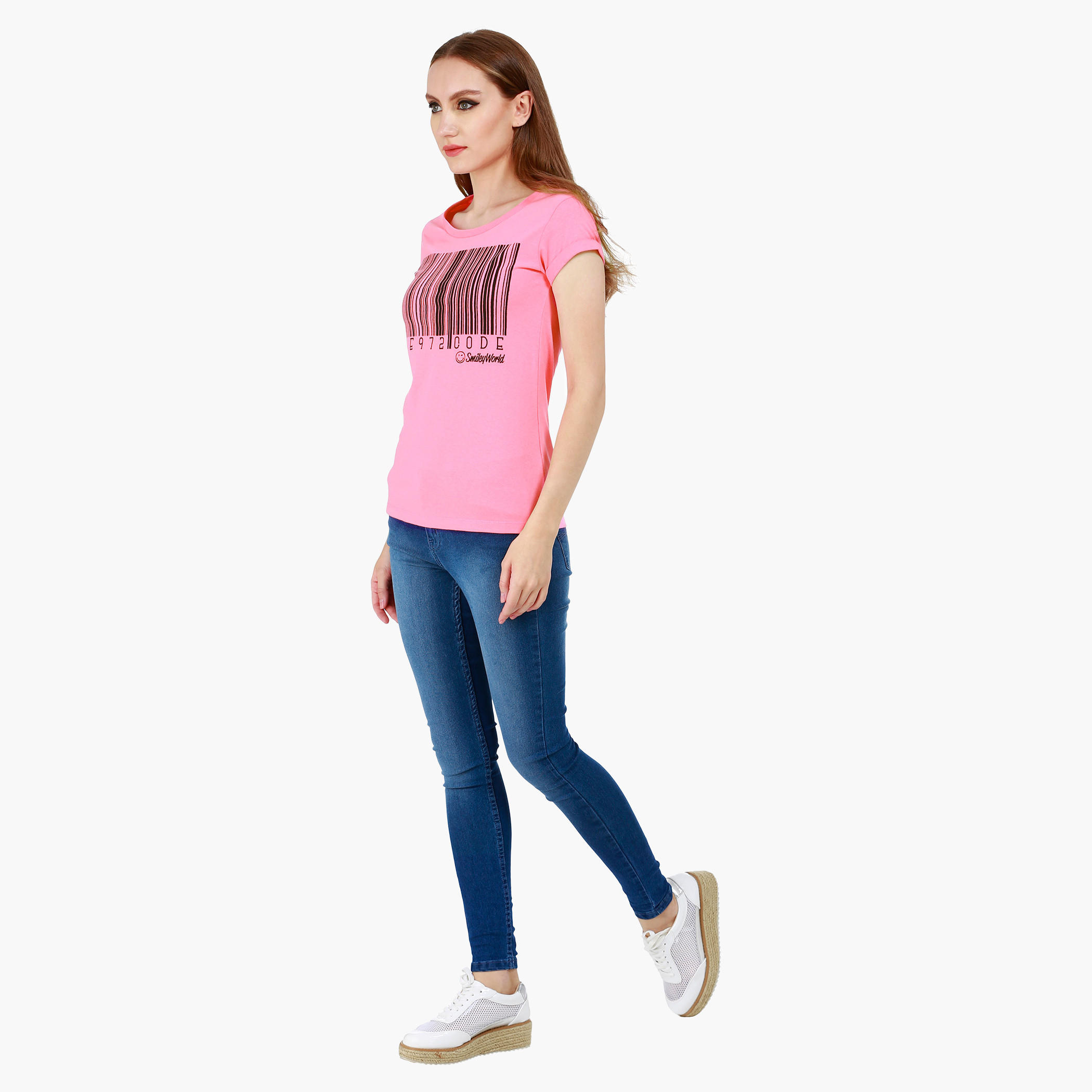 Smiley World Boat Neck Melange T-Shirt with Graphic Print and Short Sleeves in Regular Fit-women-clothing-tshirts-image-5