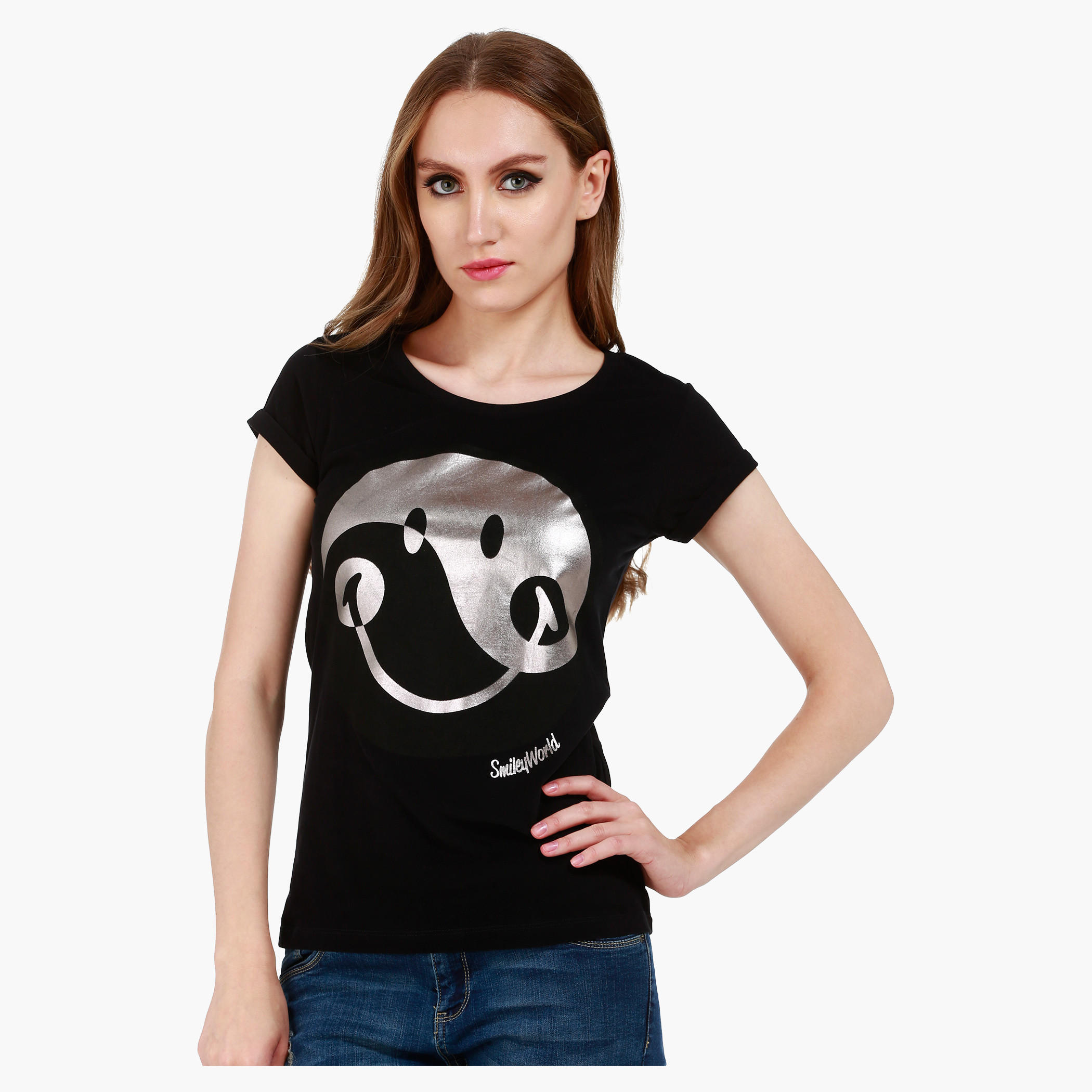 Smiley World Boat Neck Cotton T-Shirt with Graphic Print and Short Sleeves in Regular Fit-women-clothing-tshirts-image-1
