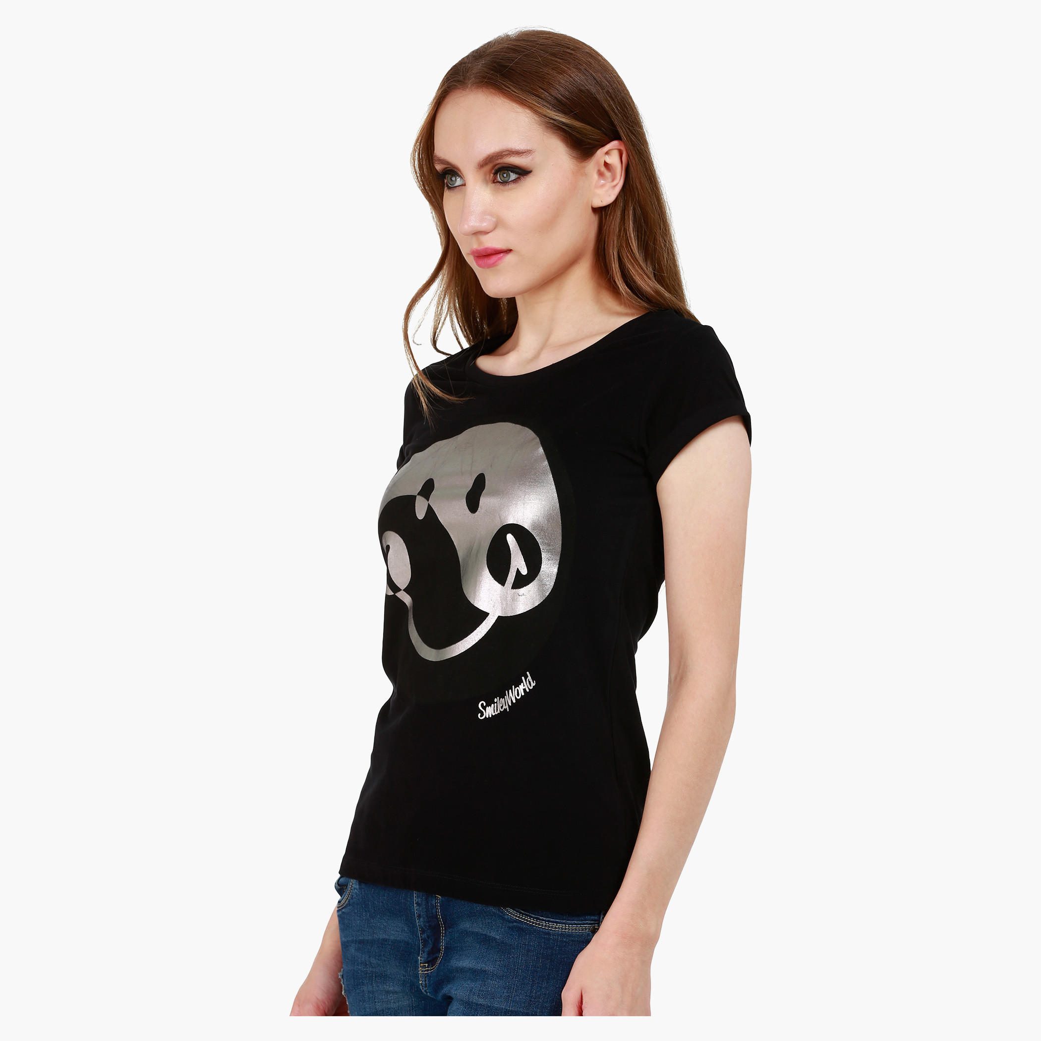 Smiley World Boat Neck Cotton T-Shirt with Graphic Print and Short Sleeves in Regular Fit-women-clothing-tshirts-image-3