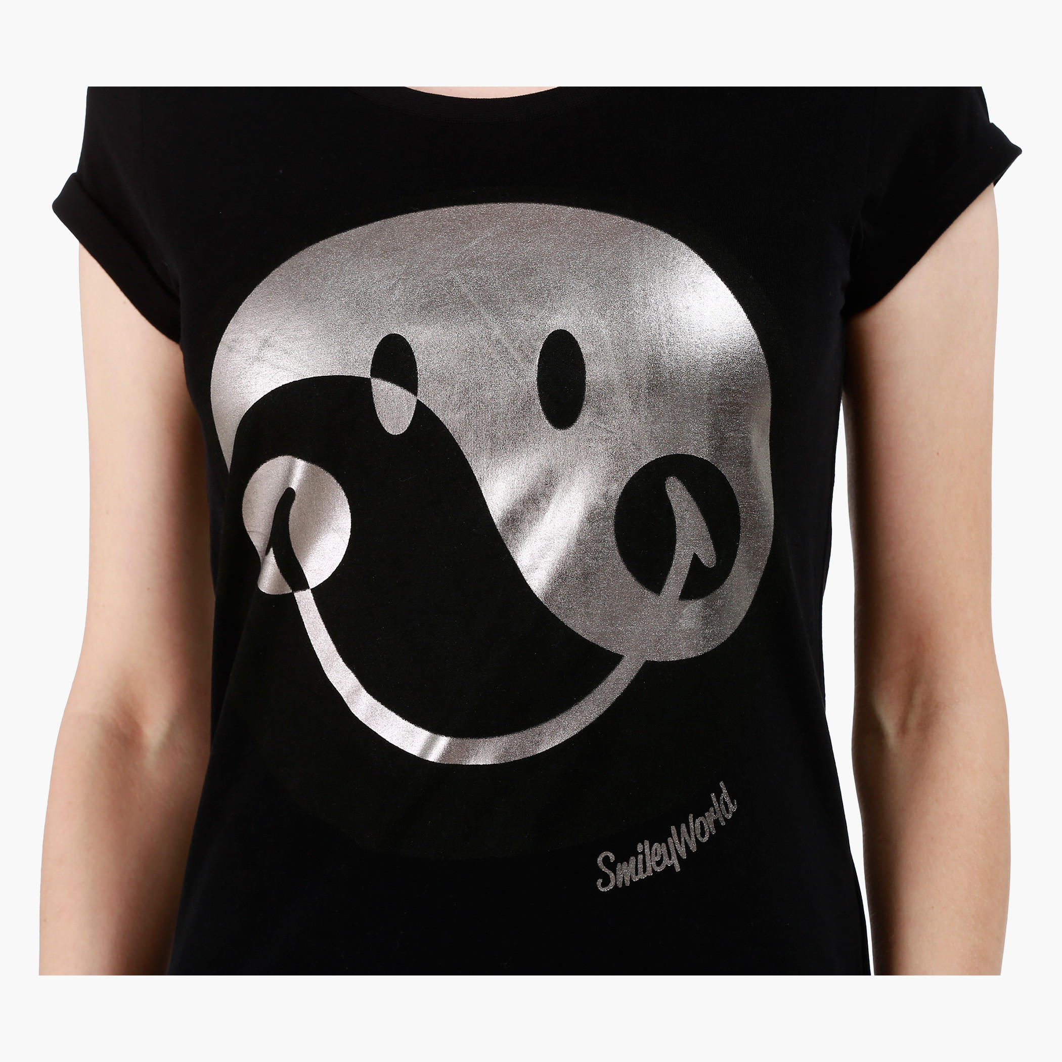Smiley World Boat Neck Cotton T-Shirt with Graphic Print and Short Sleeves in Regular Fit-women-clothing-tshirts-image-4