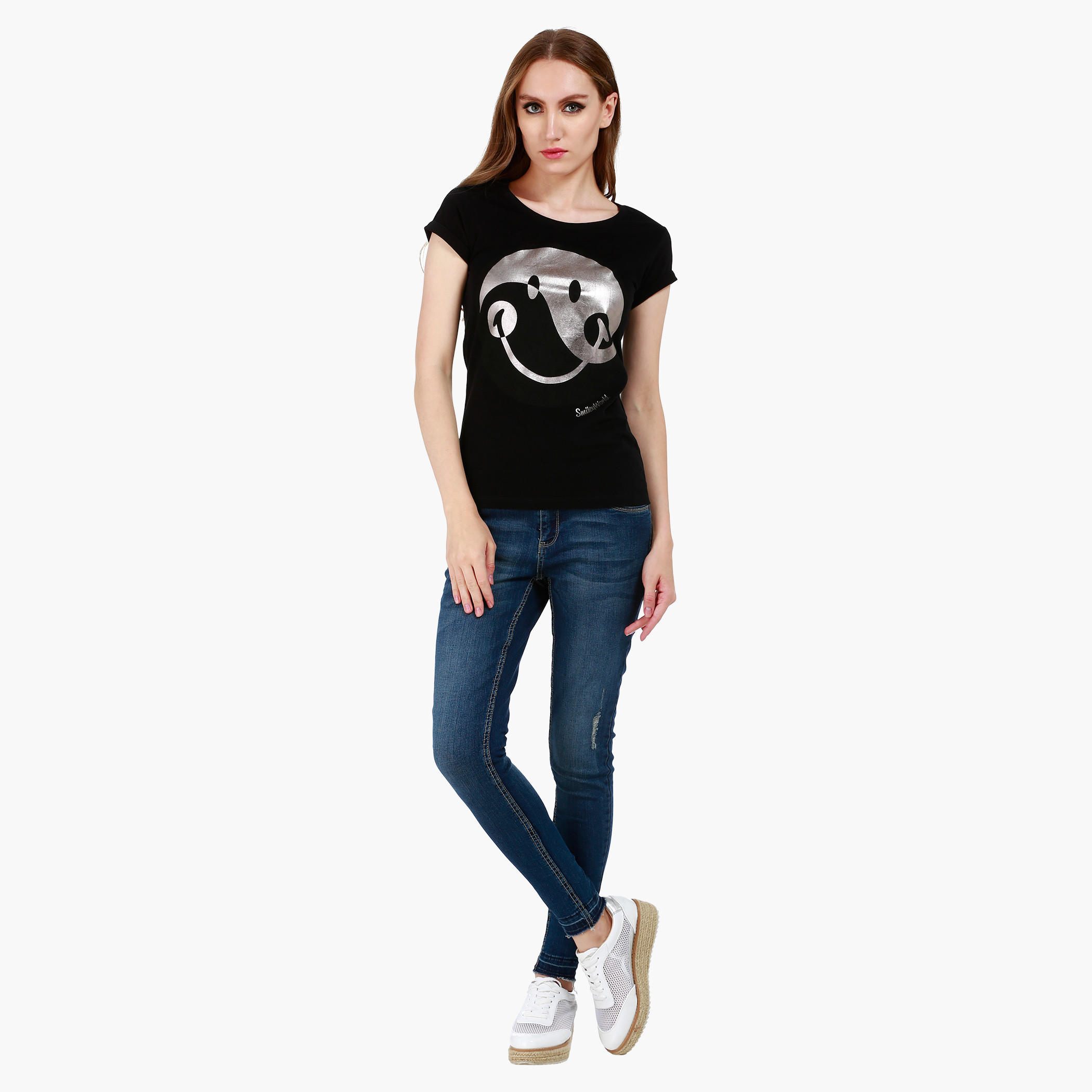 Smiley World Boat Neck Cotton T-Shirt with Graphic Print and Short Sleeves in Regular Fit-women-clothing-tshirts-image-5