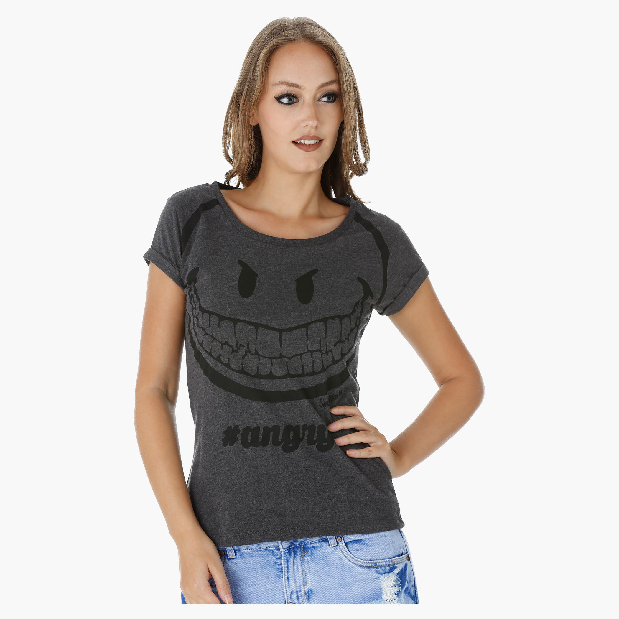 Smiley World Printed T-Shirt with Short Turn Up Sleeves-women-clothing-tshirts-image-1