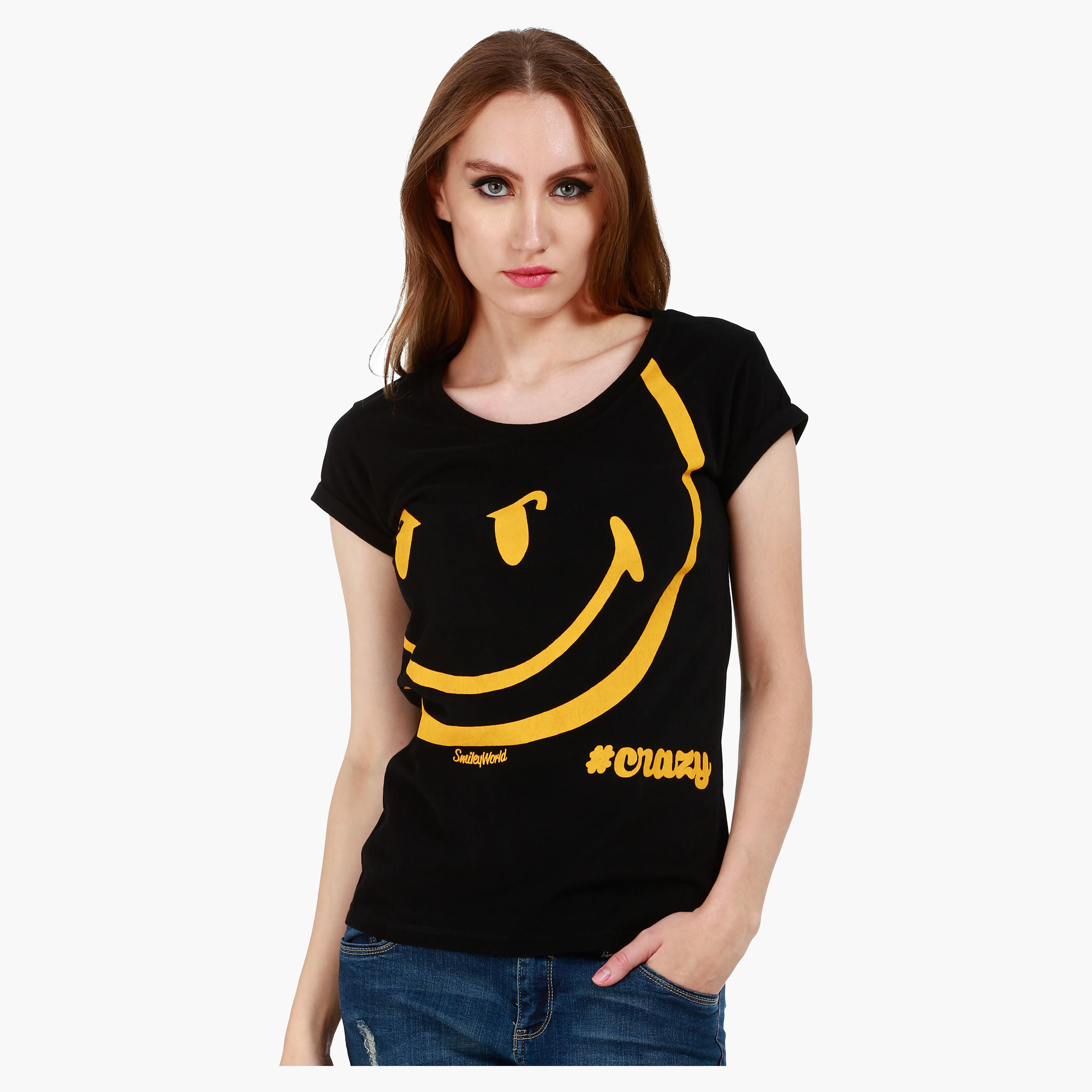 Smiley World Boat Neck Cotton T-Shirt with Graphic Print and Short Sleeves in Regular Fit-women-clothing-tshirts-image-1