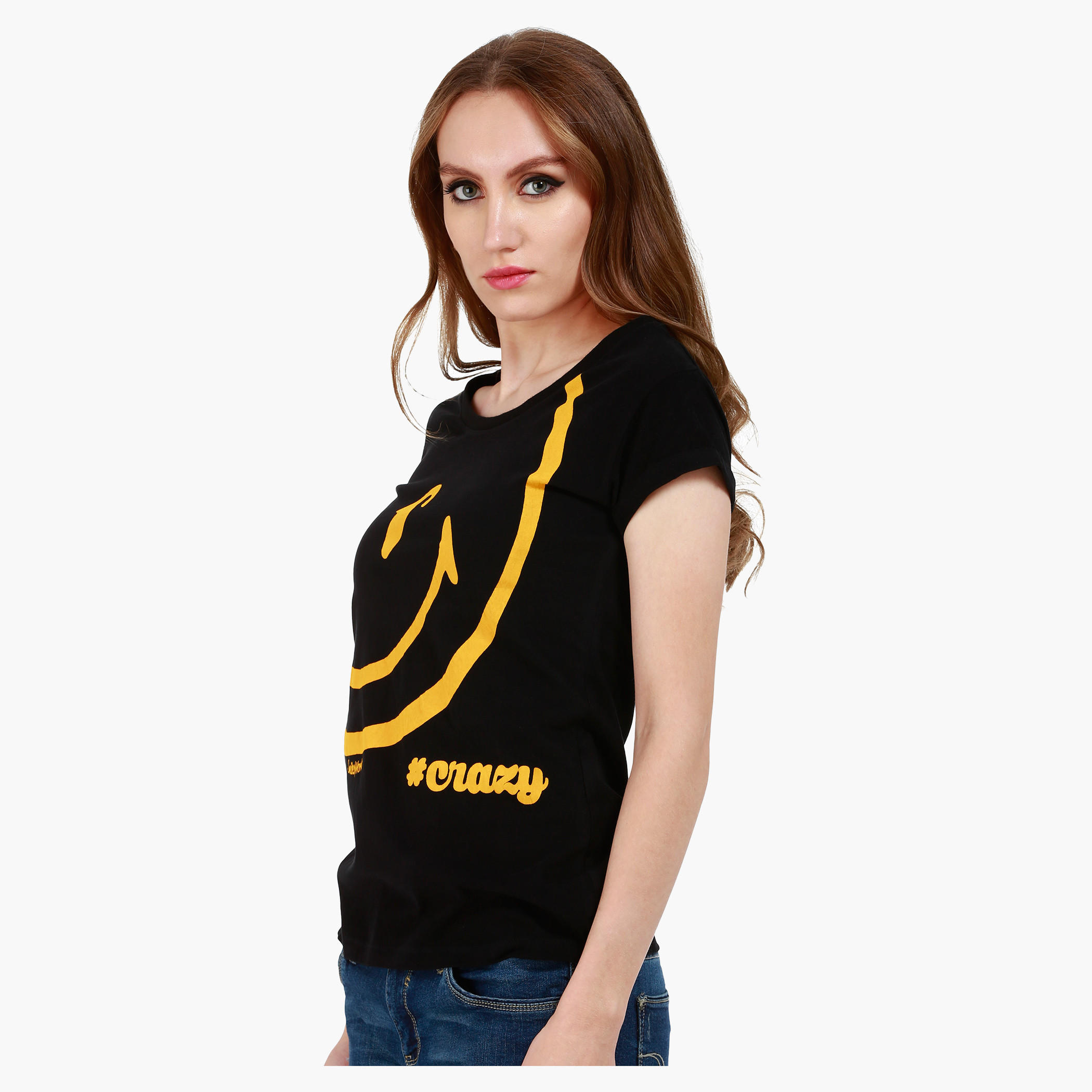 Smiley World Boat Neck Cotton T-Shirt with Graphic Print and Short Sleeves in Regular Fit-women-clothing-tshirts-image-3