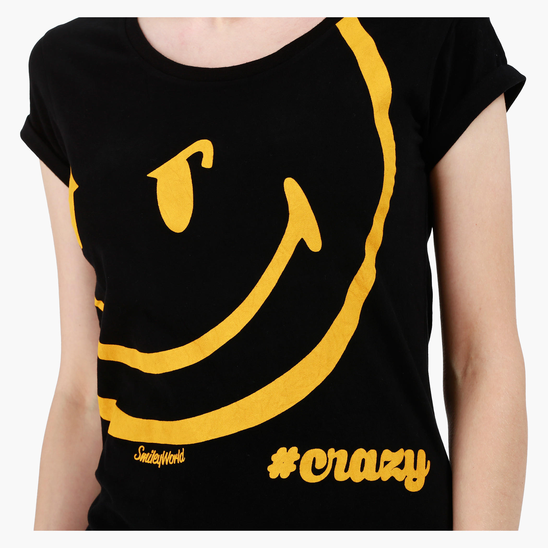 Smiley World Boat Neck Cotton T-Shirt with Graphic Print and Short Sleeves in Regular Fit-women-clothing-tshirts-image-4