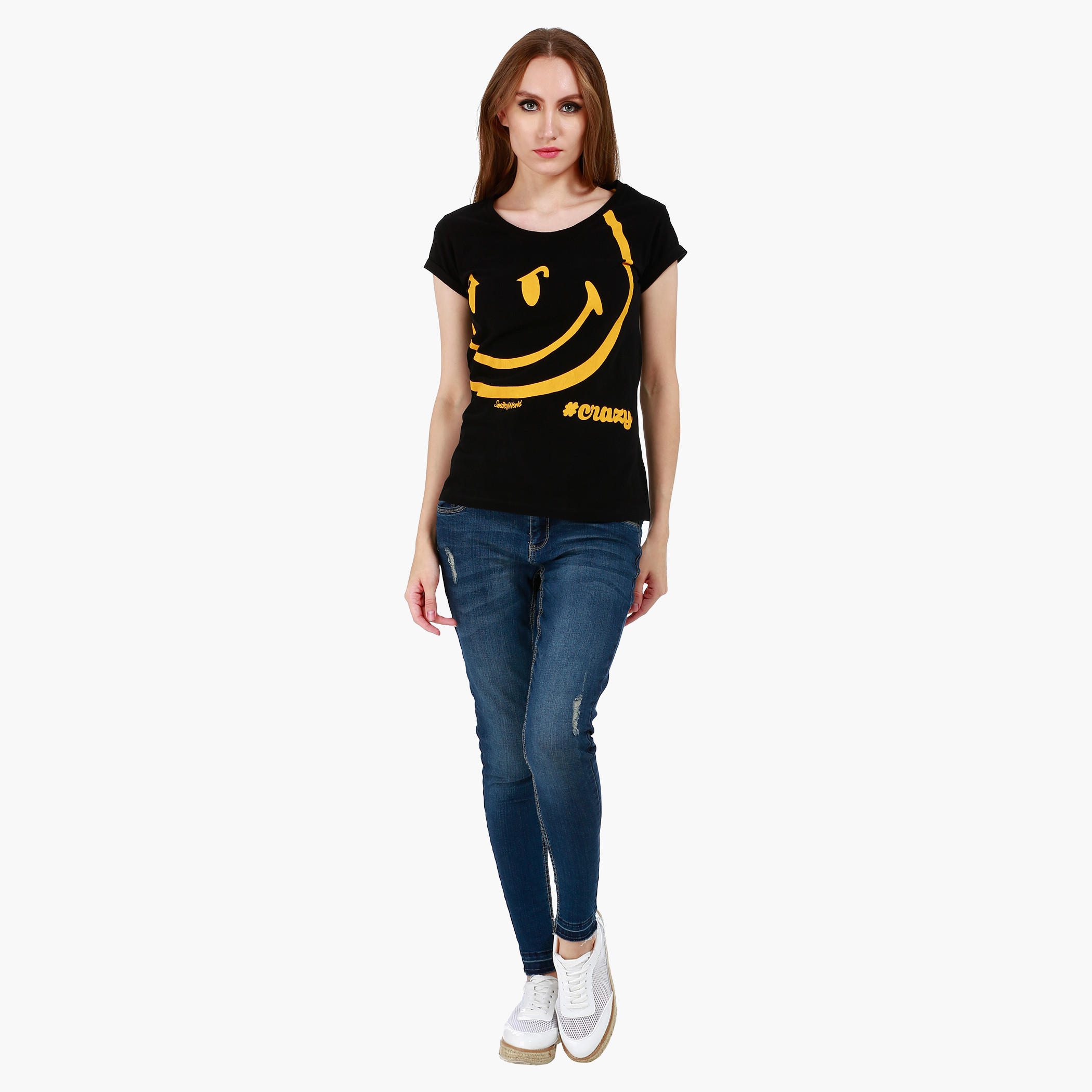 Smiley World Boat Neck Cotton T-Shirt with Graphic Print and Short Sleeves in Regular Fit-women-clothing-tshirts-image-5