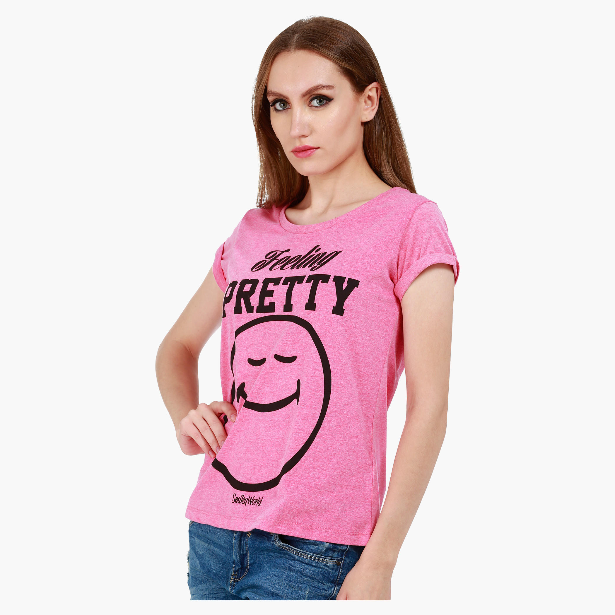 Smiley World Boat Neck T-Shirt with Graphic Print and Short Sleeves in Regular Fit-women-clothing-tshirts-image-3