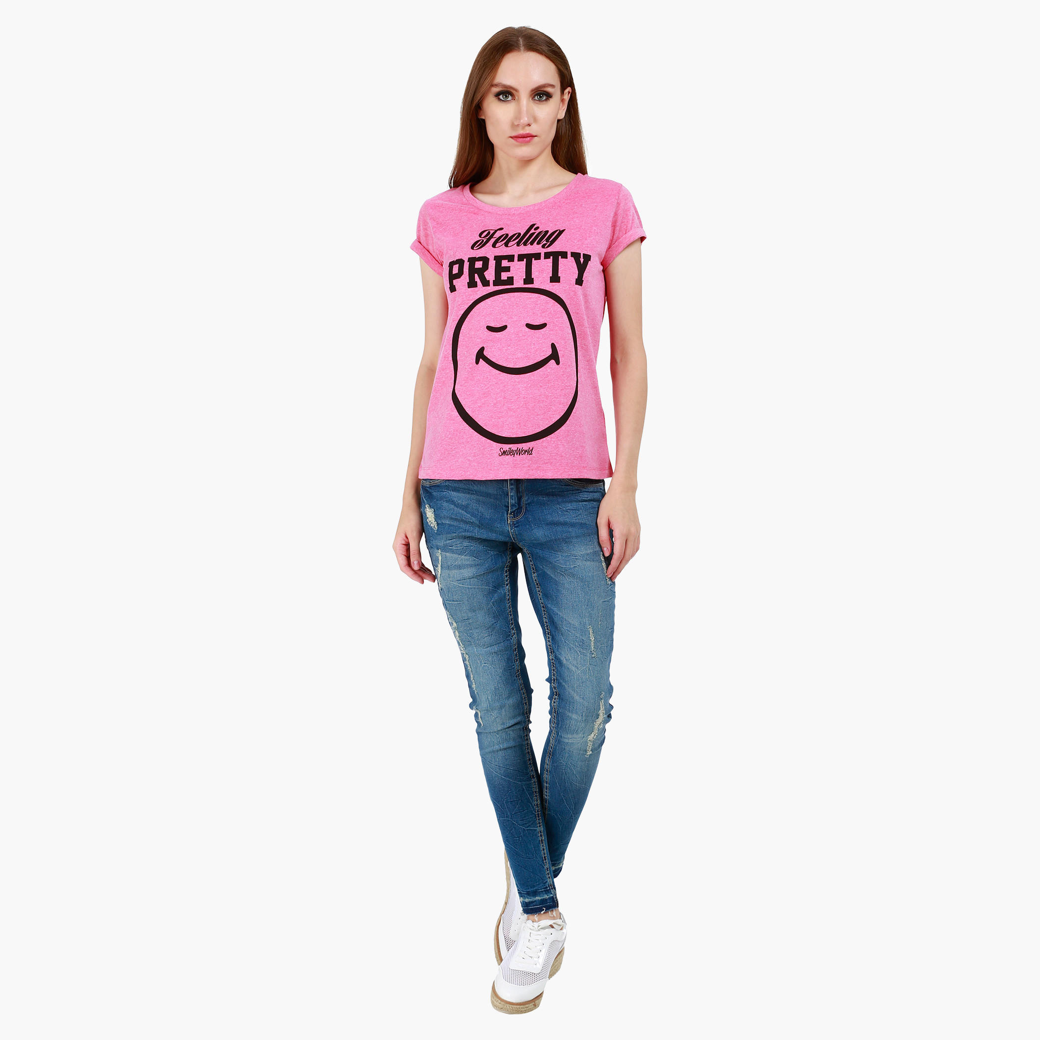 Smiley World Boat Neck T-Shirt with Graphic Print and Short Sleeves in Regular Fit-women-clothing-tshirts-image-5