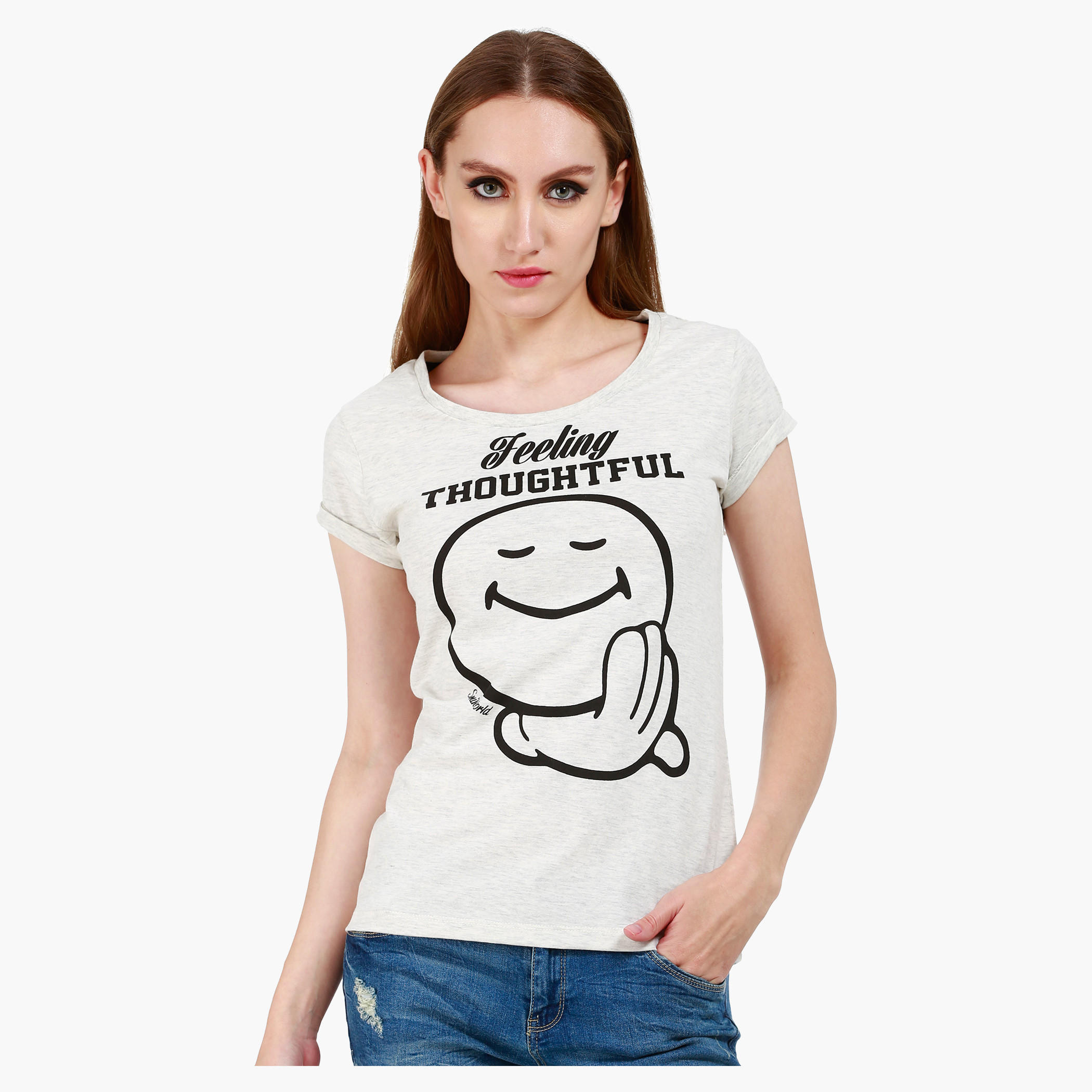 Smiley World Boat Neck Cotton T-Shirt with Graphic Print and Short Sleeves in Regular Fit-women-clothing-tshirts-image-1