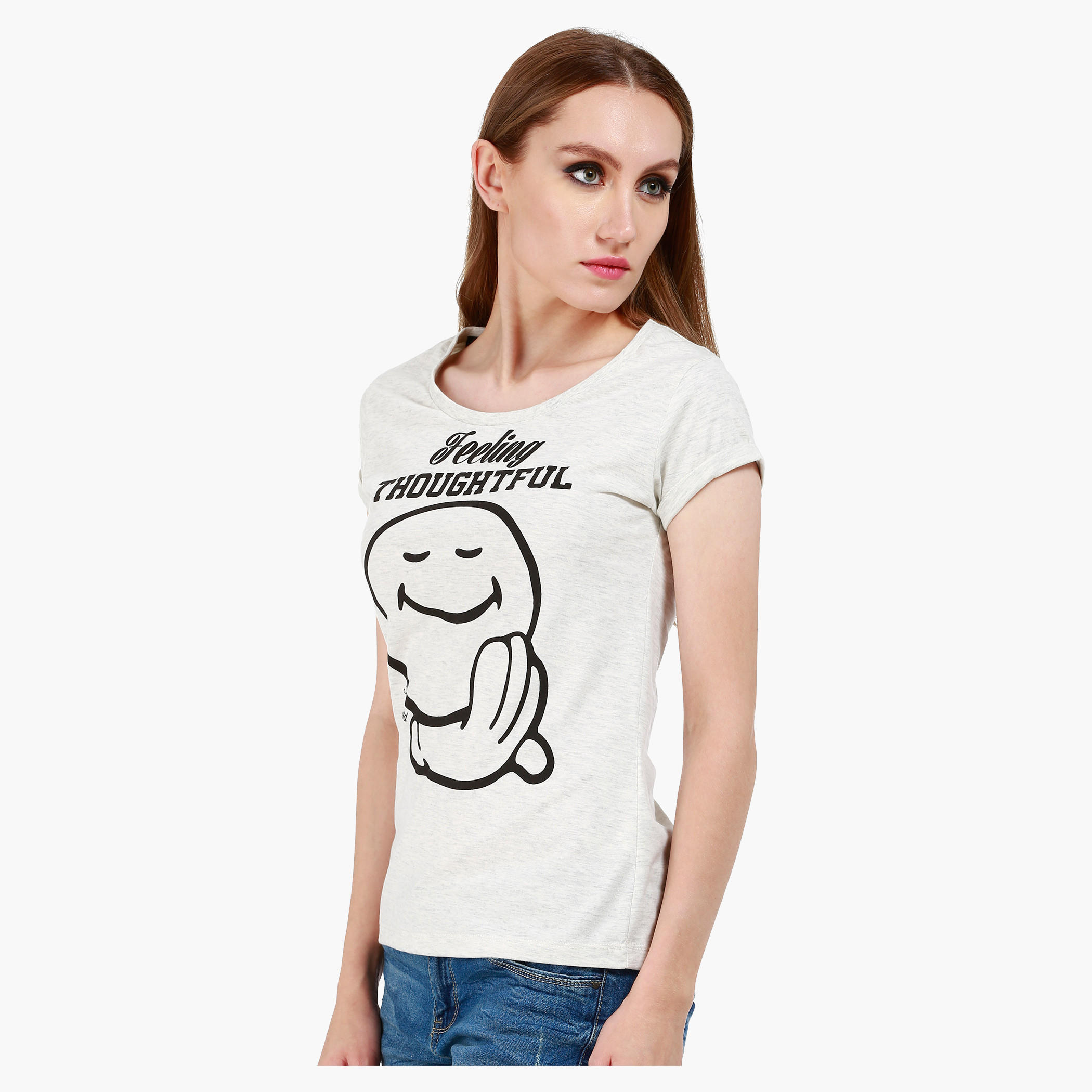 Smiley World Boat Neck Cotton T-Shirt with Graphic Print and Short Sleeves in Regular Fit-women-clothing-tshirts-image-3