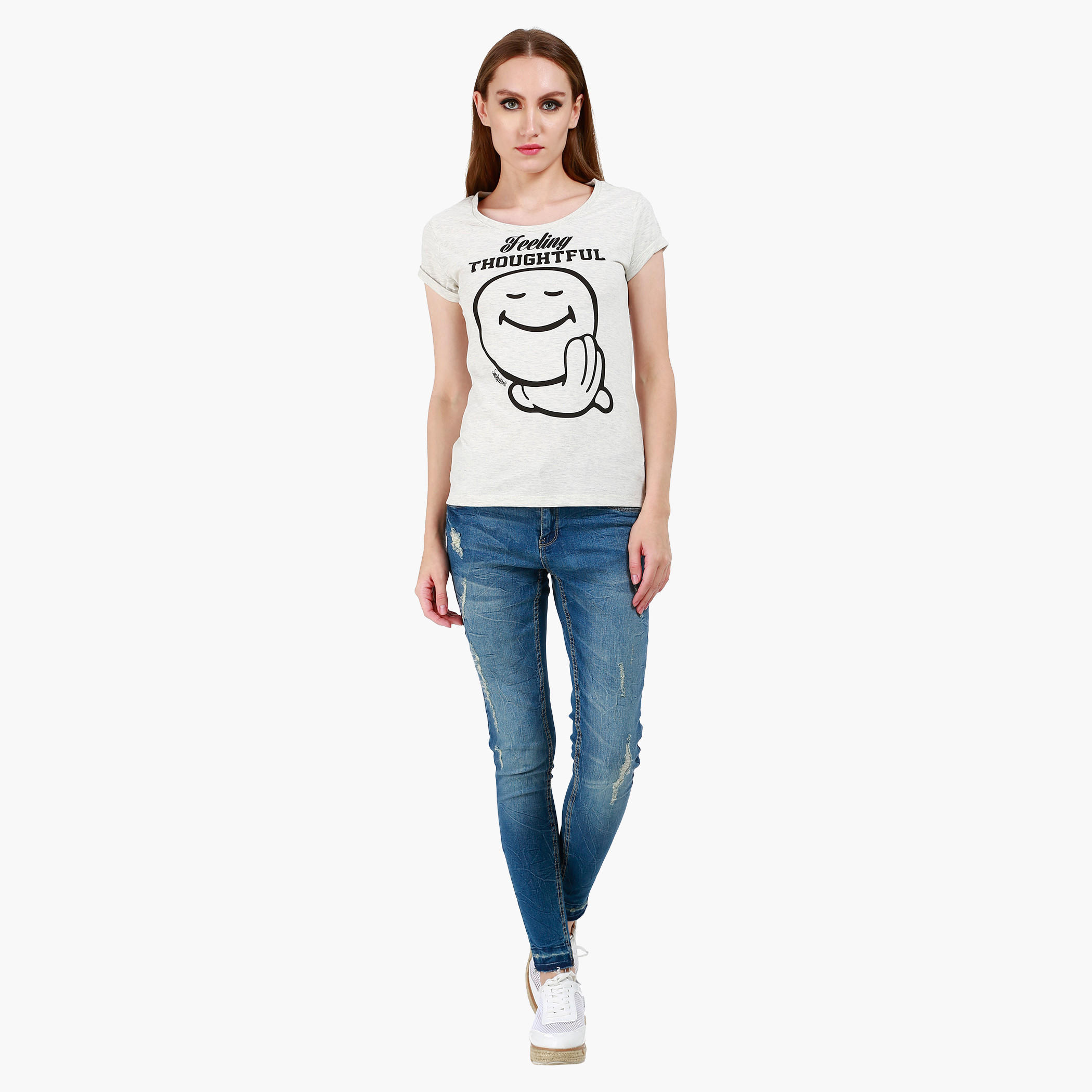 Smiley World Boat Neck Cotton T-Shirt with Graphic Print and Short Sleeves in Regular Fit-women-clothing-tshirts-image-5